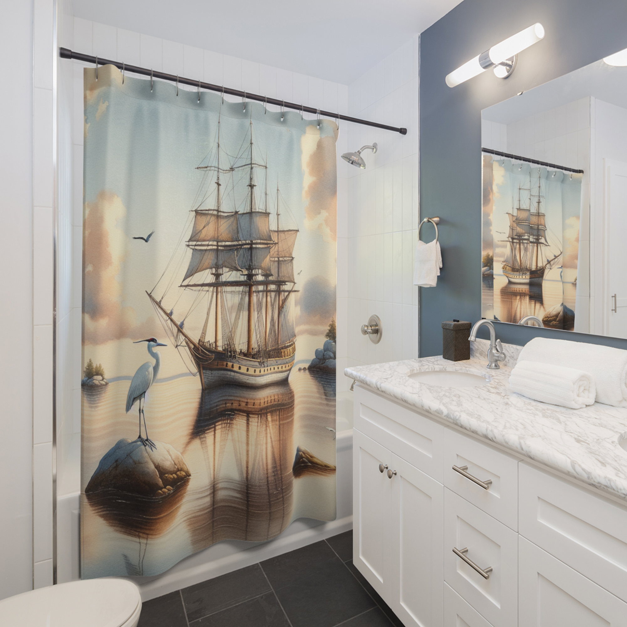 Romantic Sailing Ship and Heron – Nautical Watercolor Shower Curtain