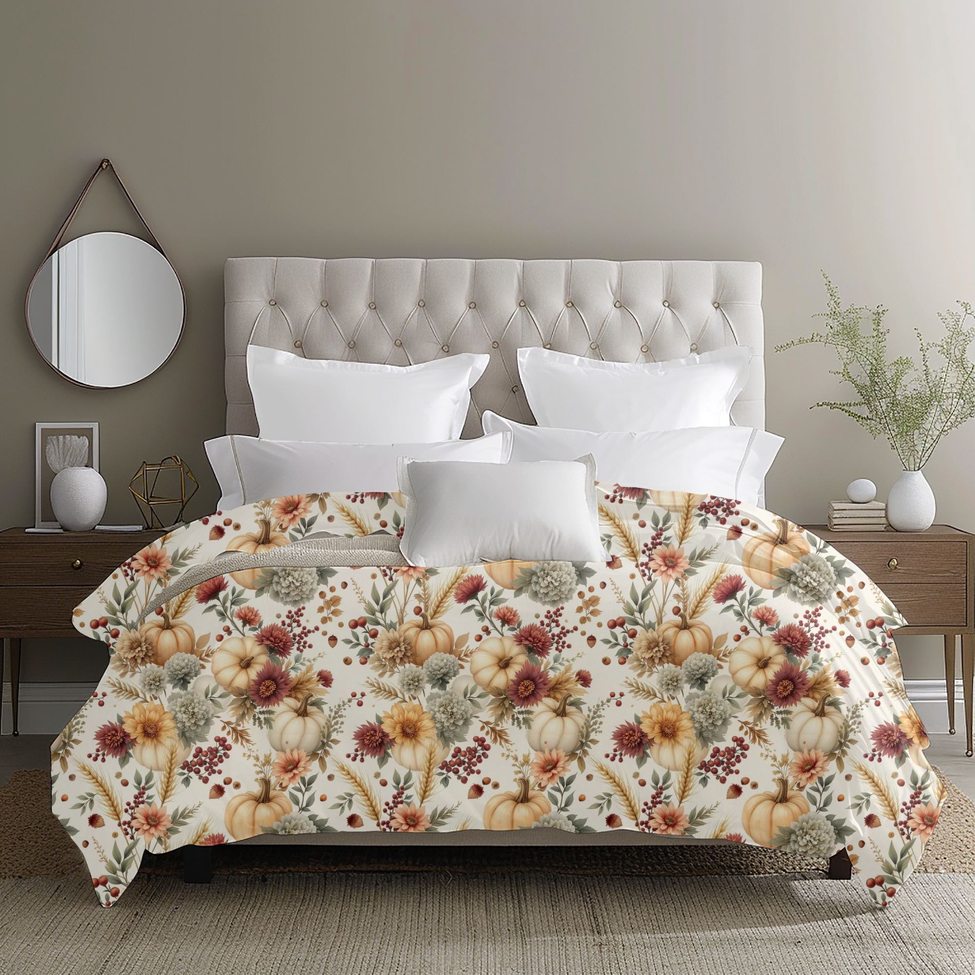 Country Harvest Pumpkin and Floral Duvet Cover – Autumn Farmhouse Bedding