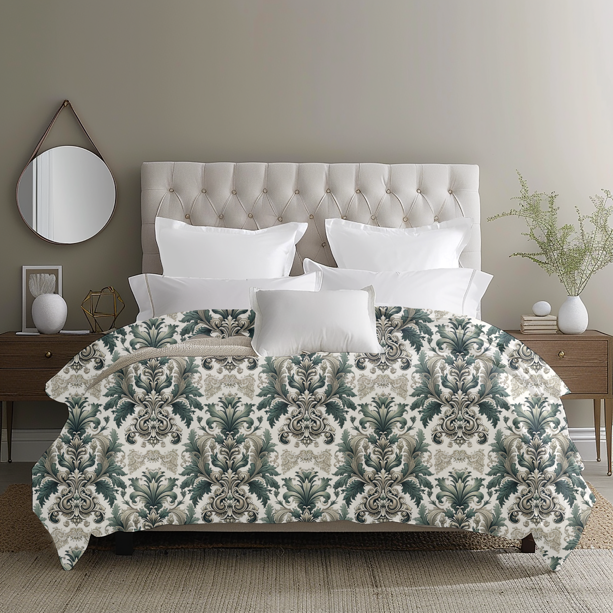Victorian Damask Duvet Cover – Elegant Green and Ivory Bedding