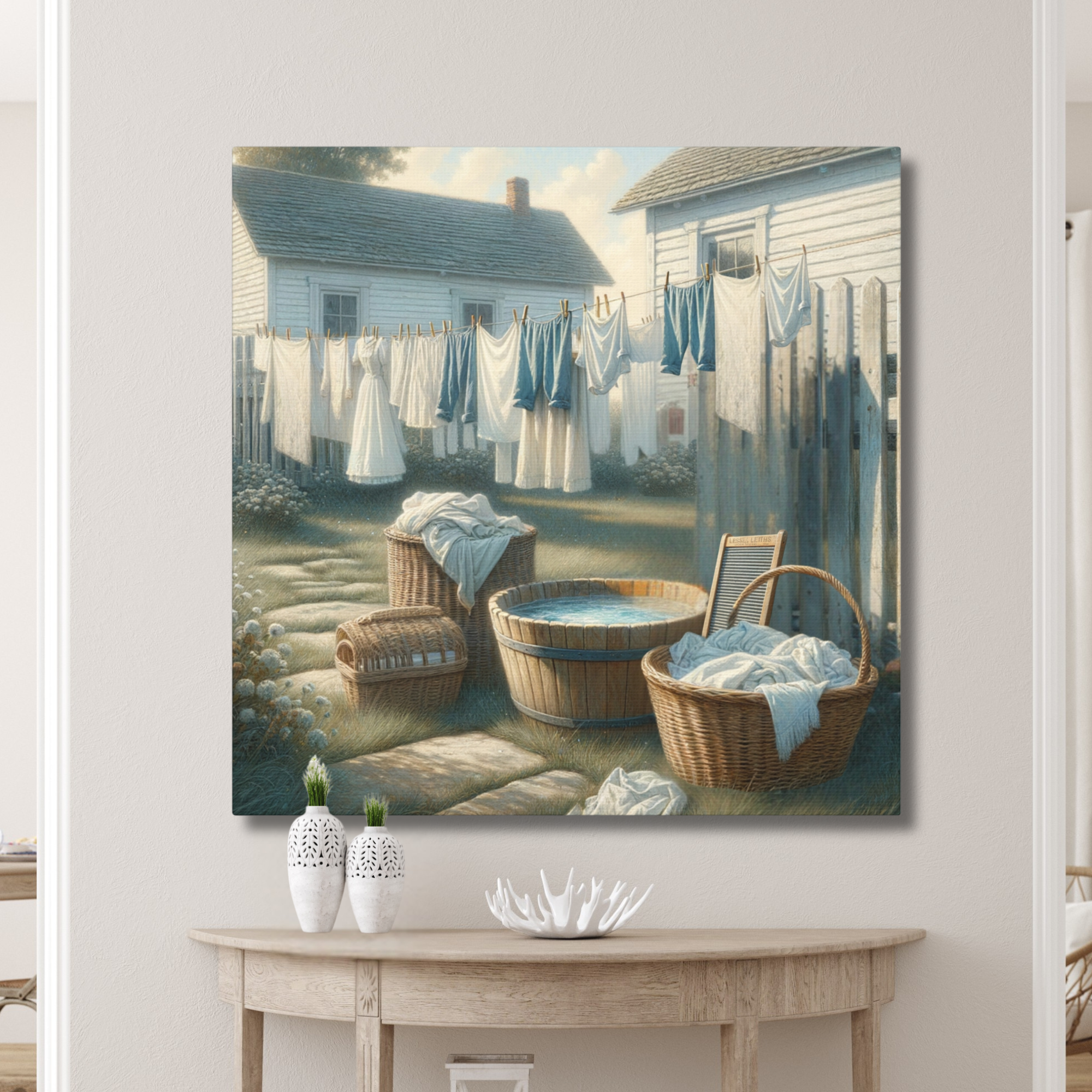 Vintage Laundry Day Wall Art – Rustic Country Cottage Scene