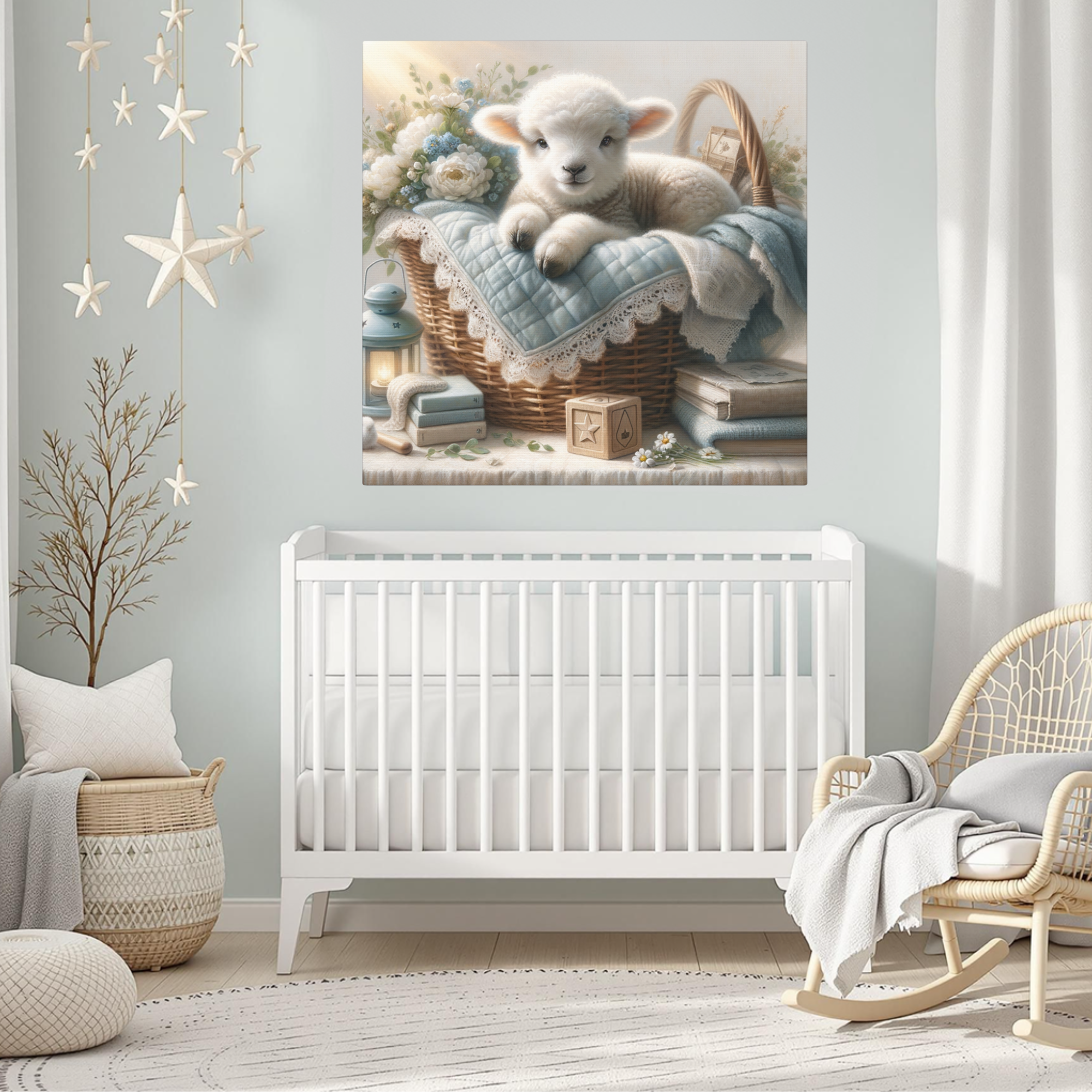 Sweet Baby Lamb in Blue Basket – Blue Nursery Wall Art