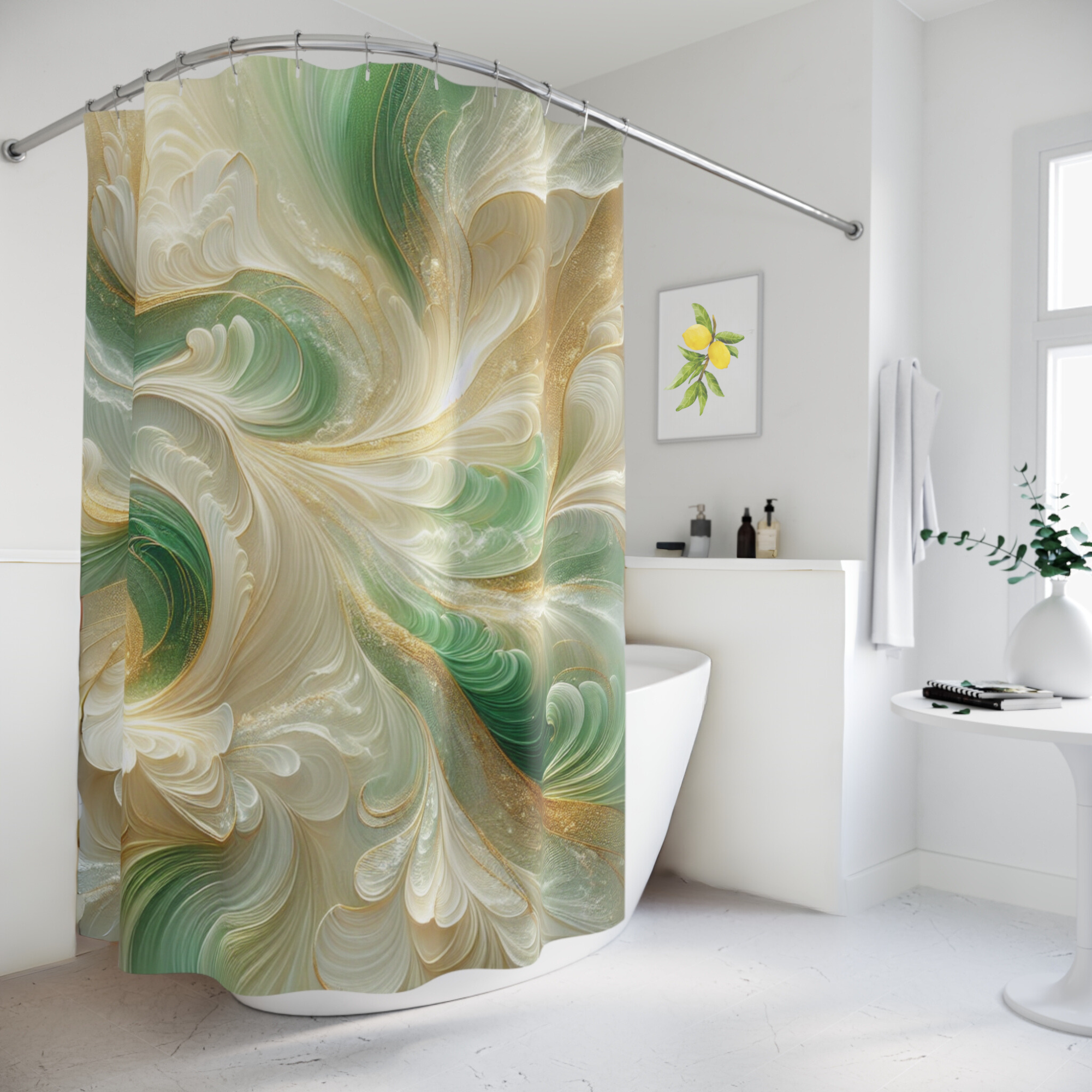 Emerald Gold Swirl – Elegant Abstract Shower Curtain