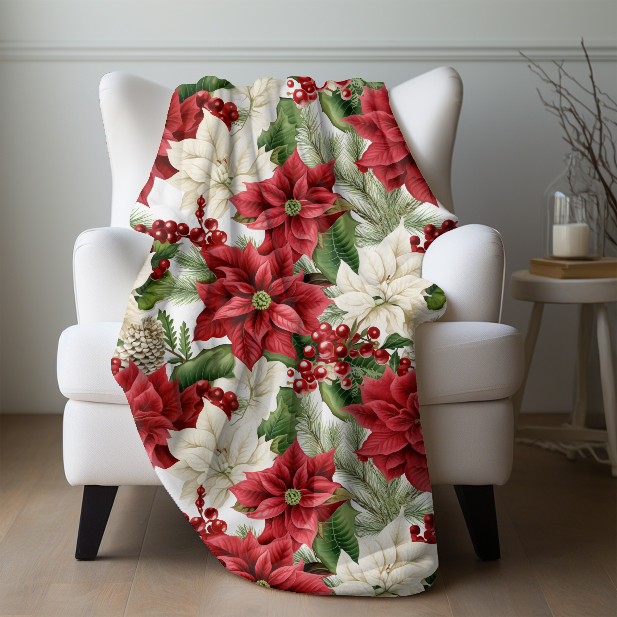 Red and White Poinsettias – Christmas Floral Velveteen Blanket