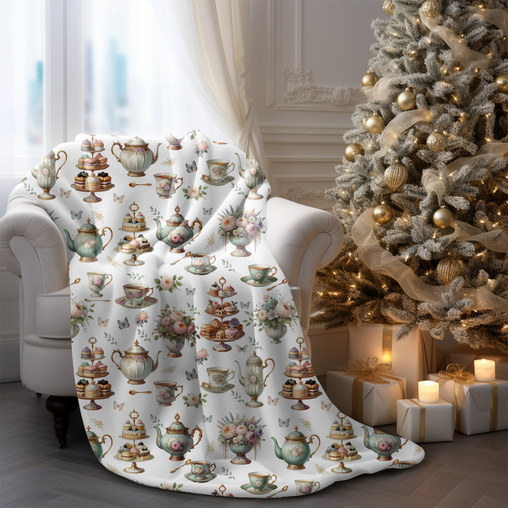Vintage Teapots and Tiered Cakes – Elegant High Tea Throw