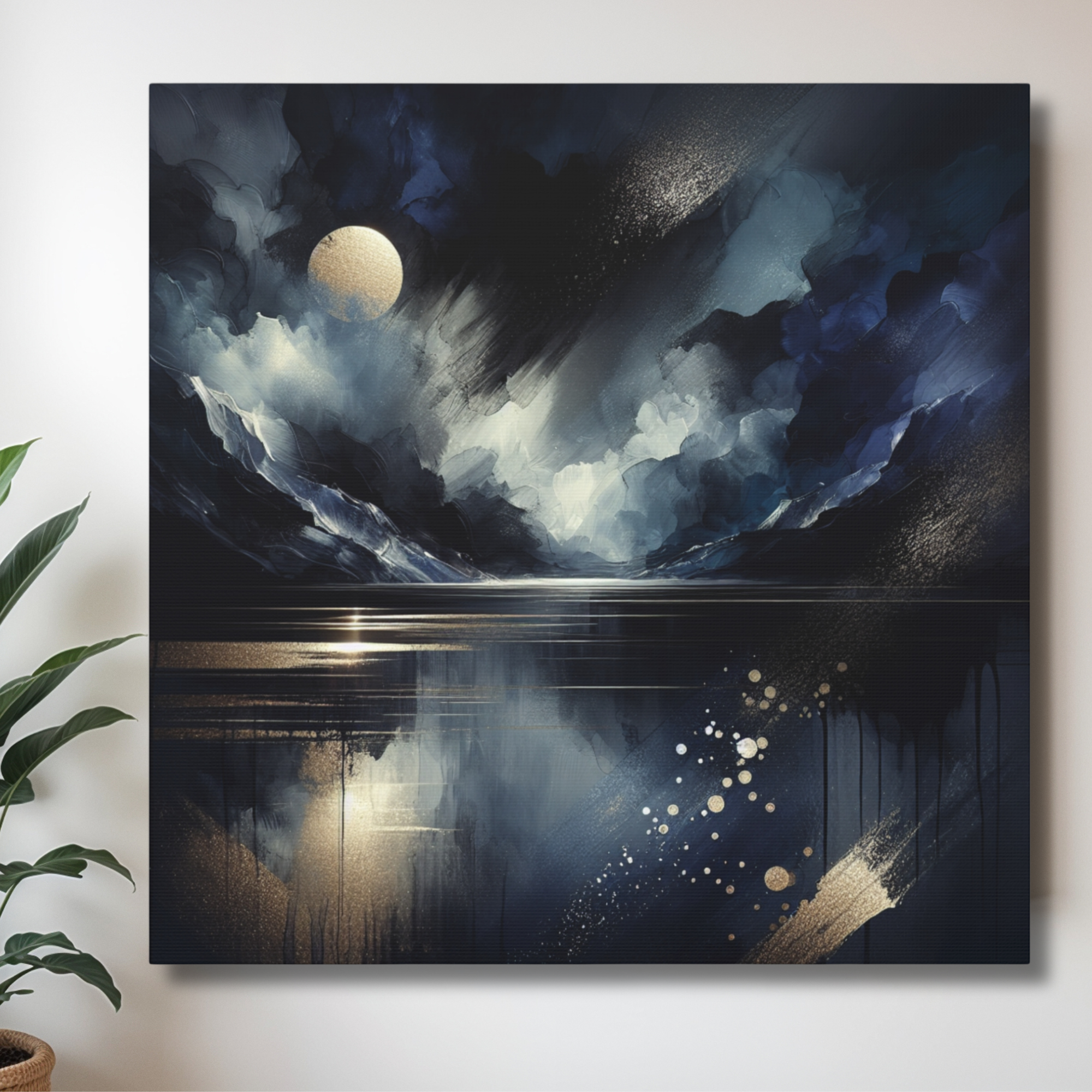Midnight Reflections Wall Art – Blue and Gold Mountain Lake Canvas