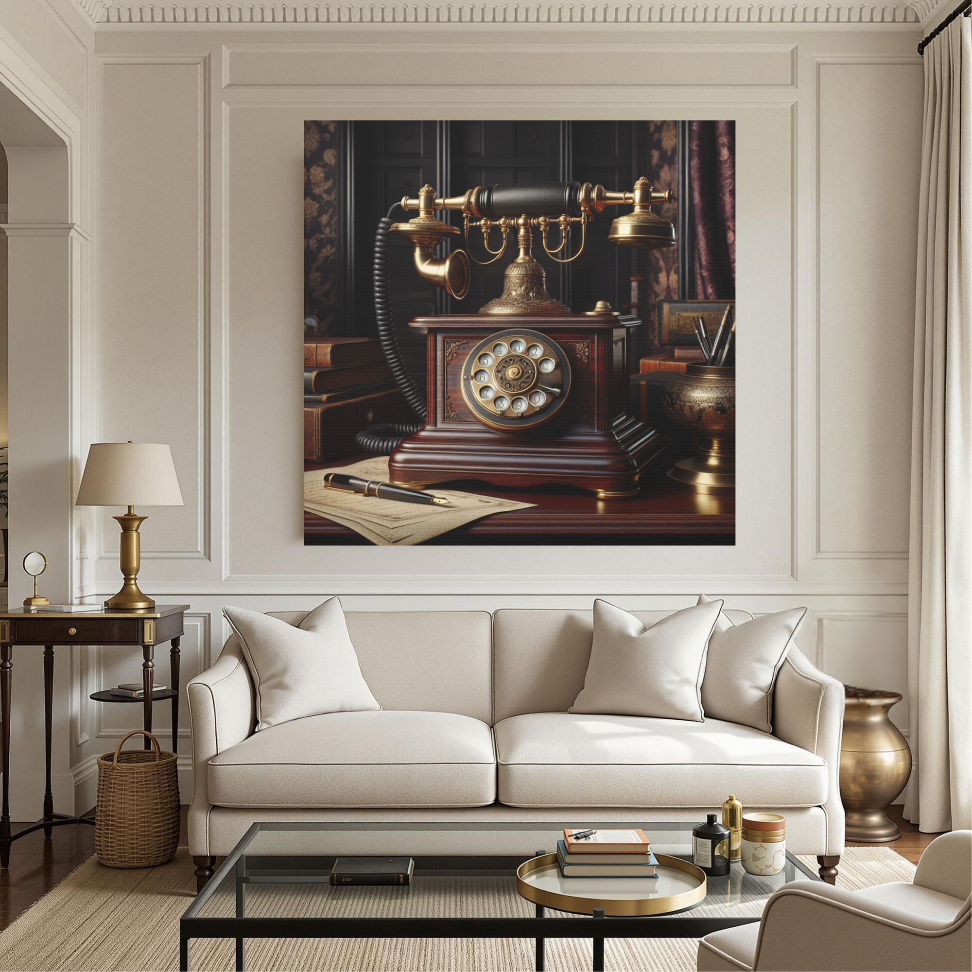 Antique Mahogany Telephone in Gentleman’s Study – Vintage Office Wall Art