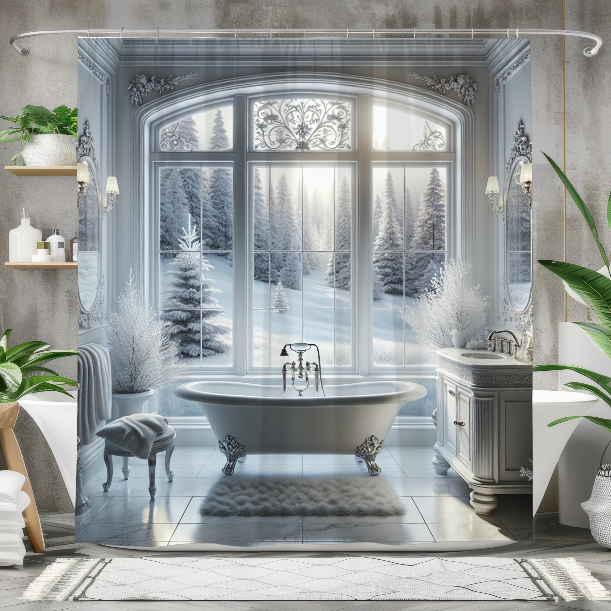 Winter Forest Bathroom – Elegant Snowy Shower Curtain