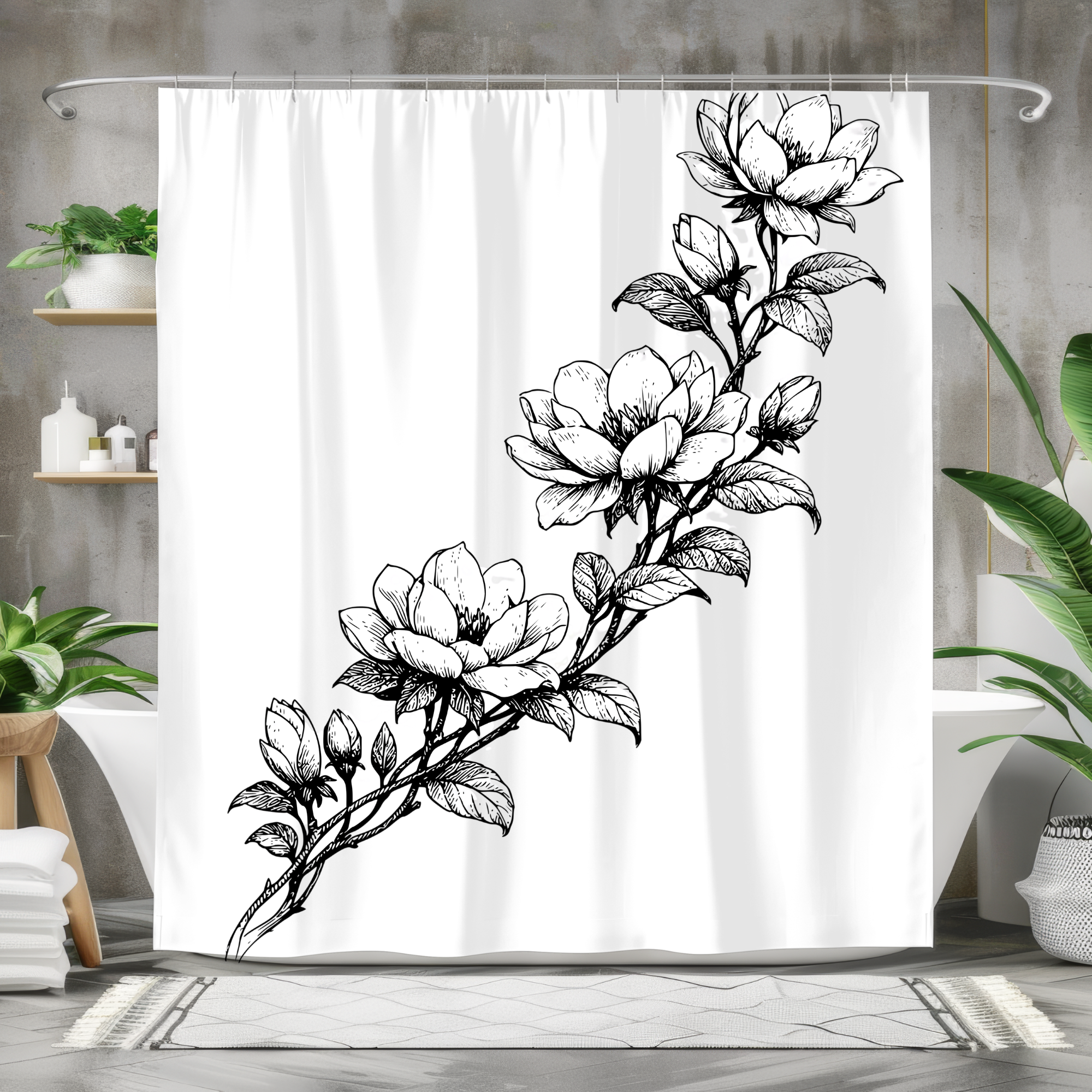 Black White Floral Shower Curtain Minimal Botanical