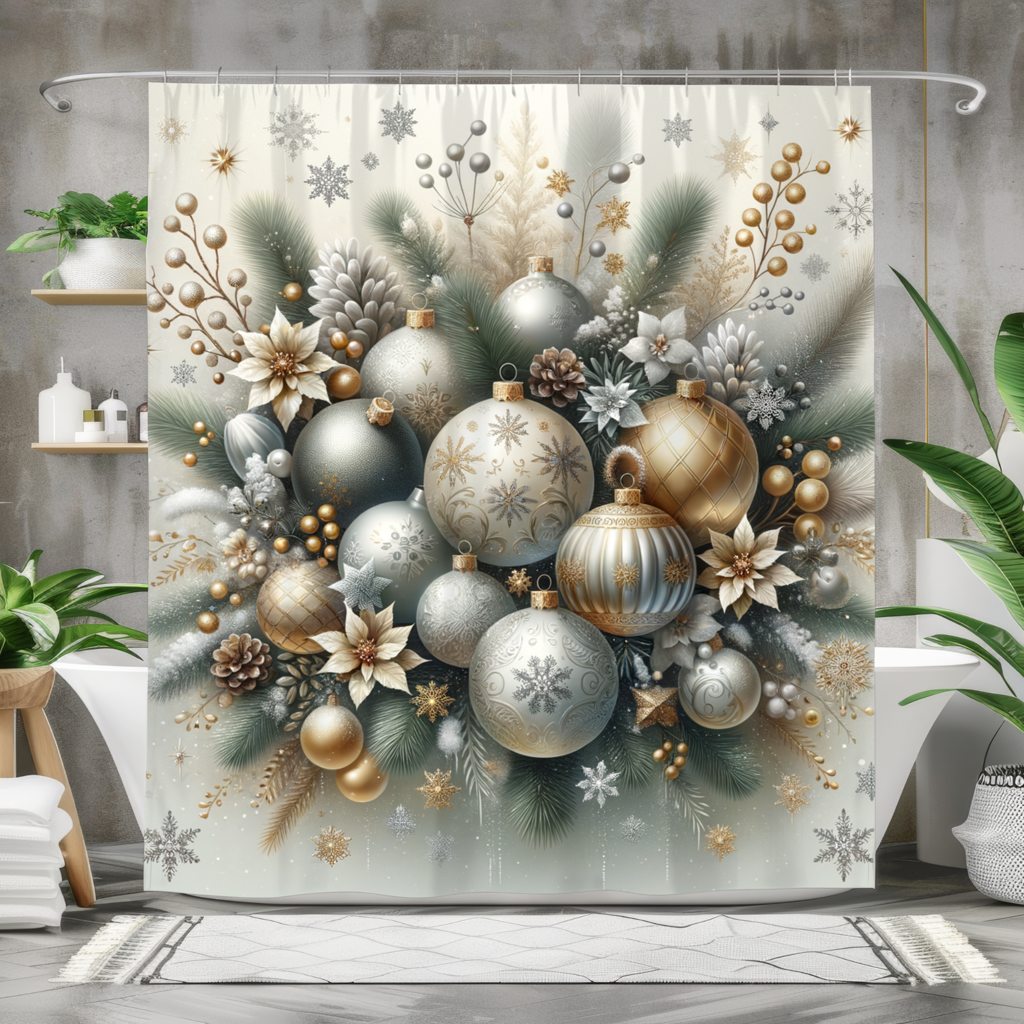 Silver and Gold Christmas Ornament Shower Curtain – Elegant Holiday Bathroom Decor