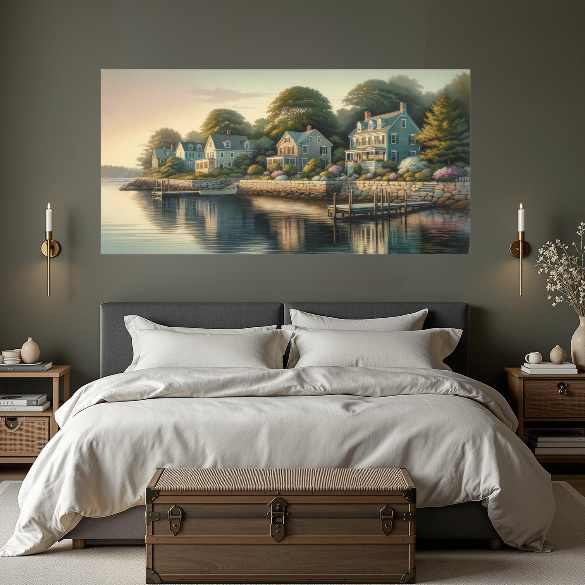 Seaside Cottage Row at Sunset – Coastal Harbor Wall Art
