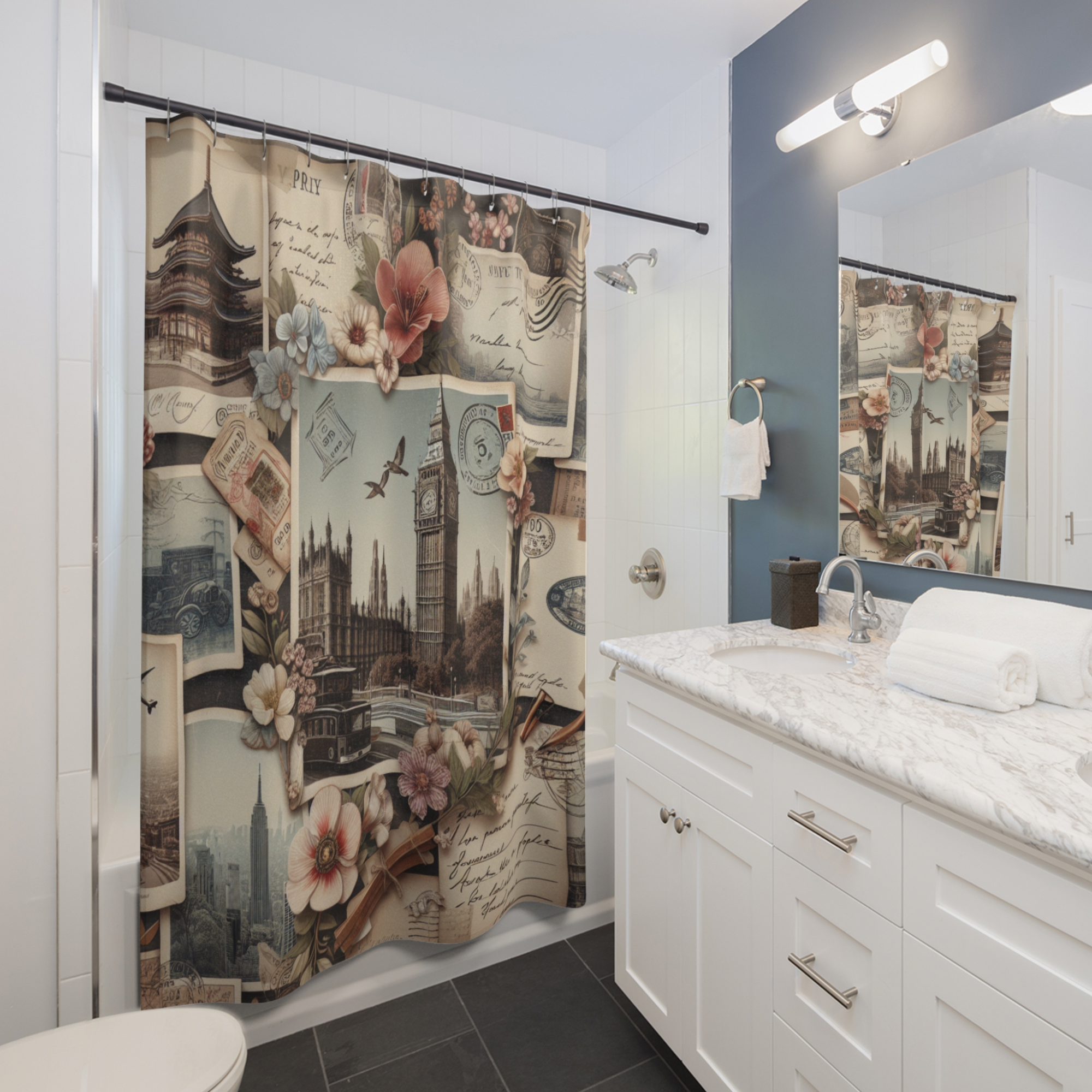 Vintage Travel Collage – Elegant Postcard Shower Curtain