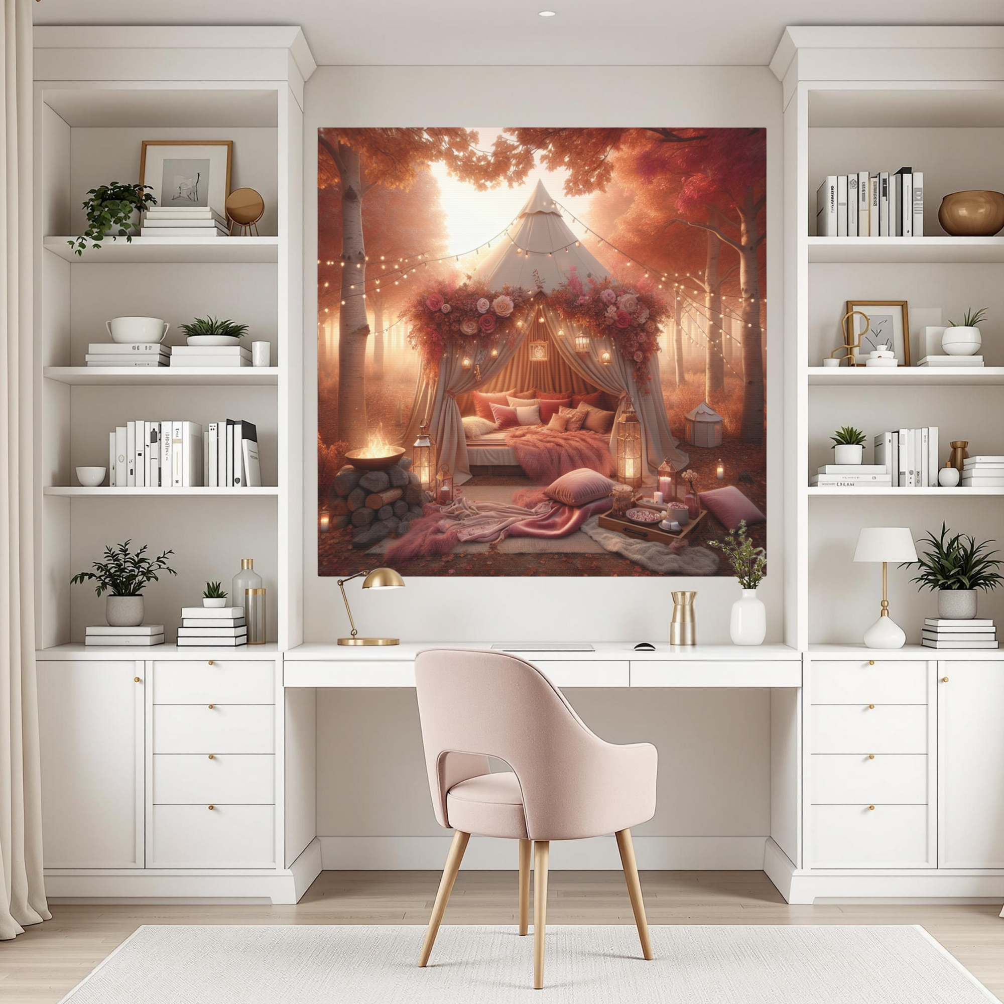 Romantic Fall Glamping Scene – Whimsical Autumn Wall Art