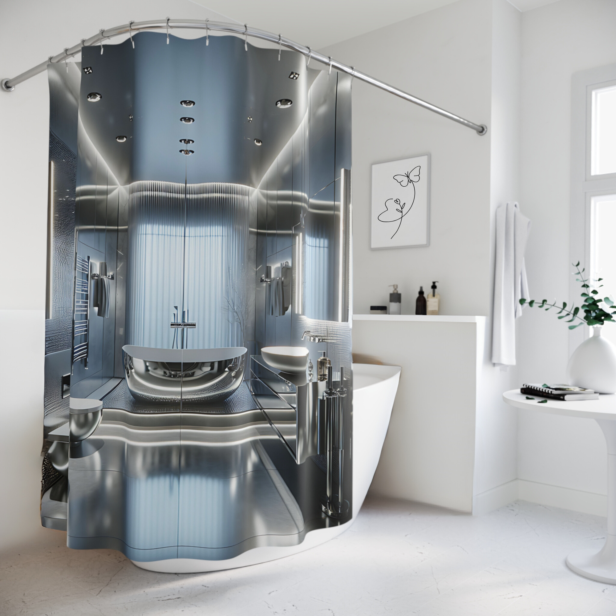 Silver Futuristic Bathroom – Modern Metallic Shower Curtain