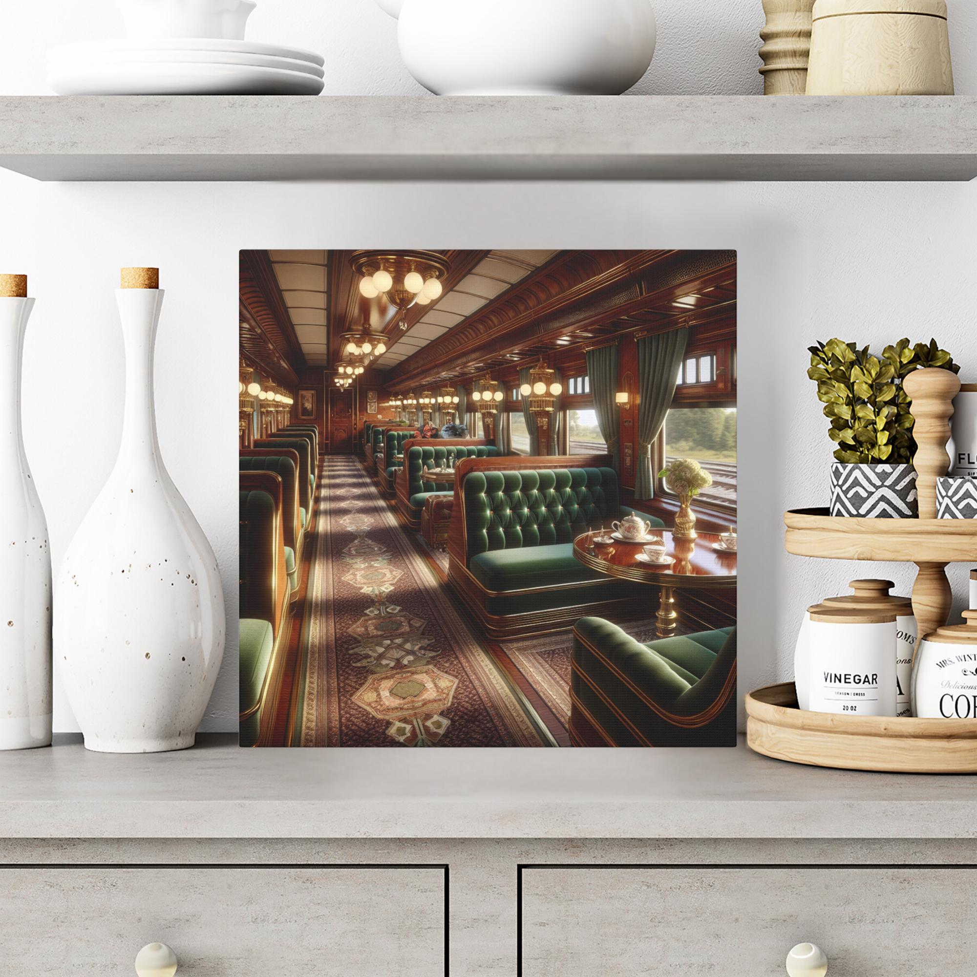 Victorian Dining Car With Tea Service – Elegant Train Wall Art