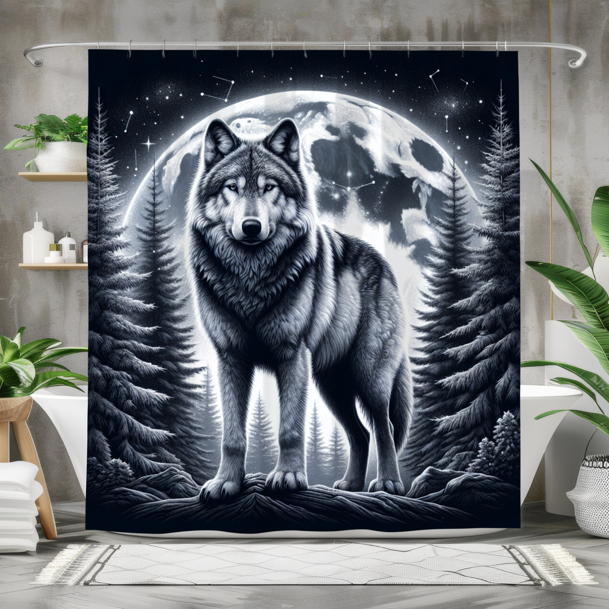 Wolf in Moonlit Forest – Wild Spirit Shower Curtain