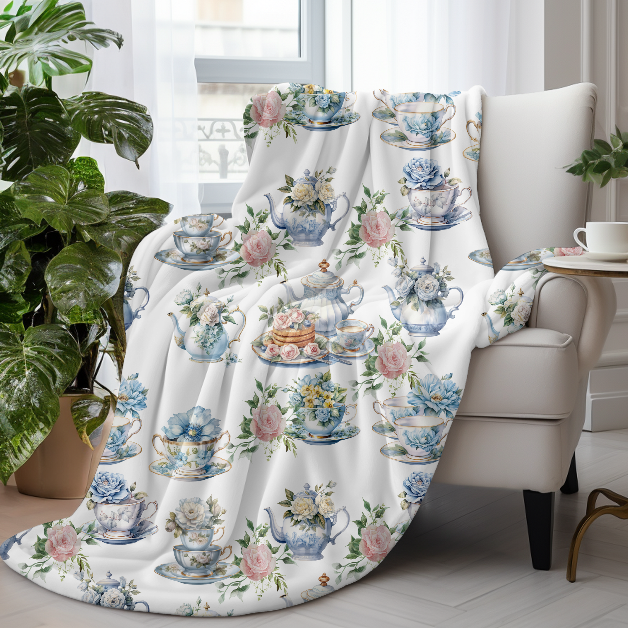 Blue Rose Teacups – Elegant High Tea Velveteen Blanket