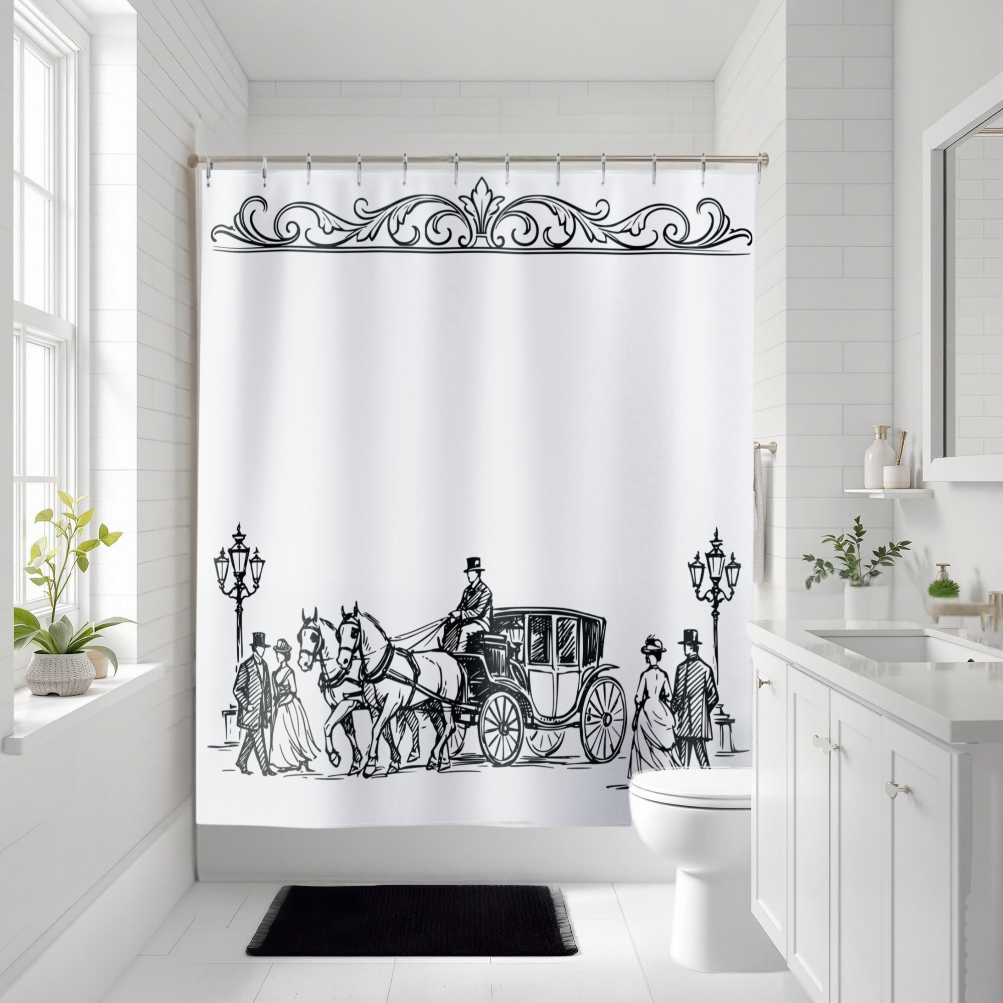 Victorian Carriage Shower Curtain Black White