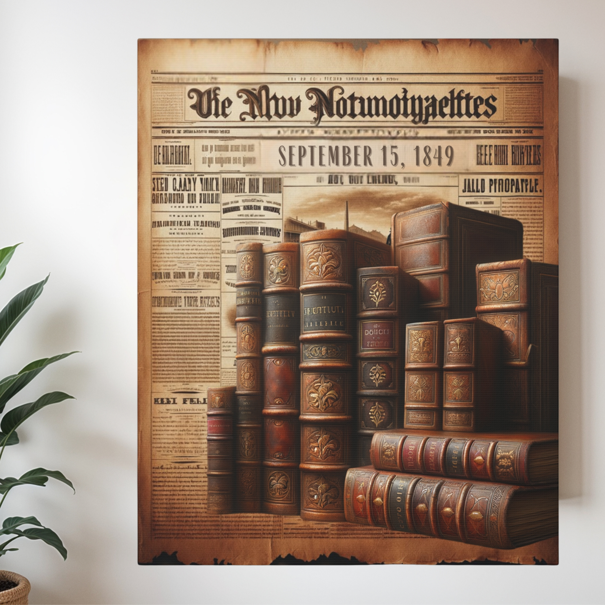 Antique Books and Vintage Newspaper Wall Art – 1849 Library Decor