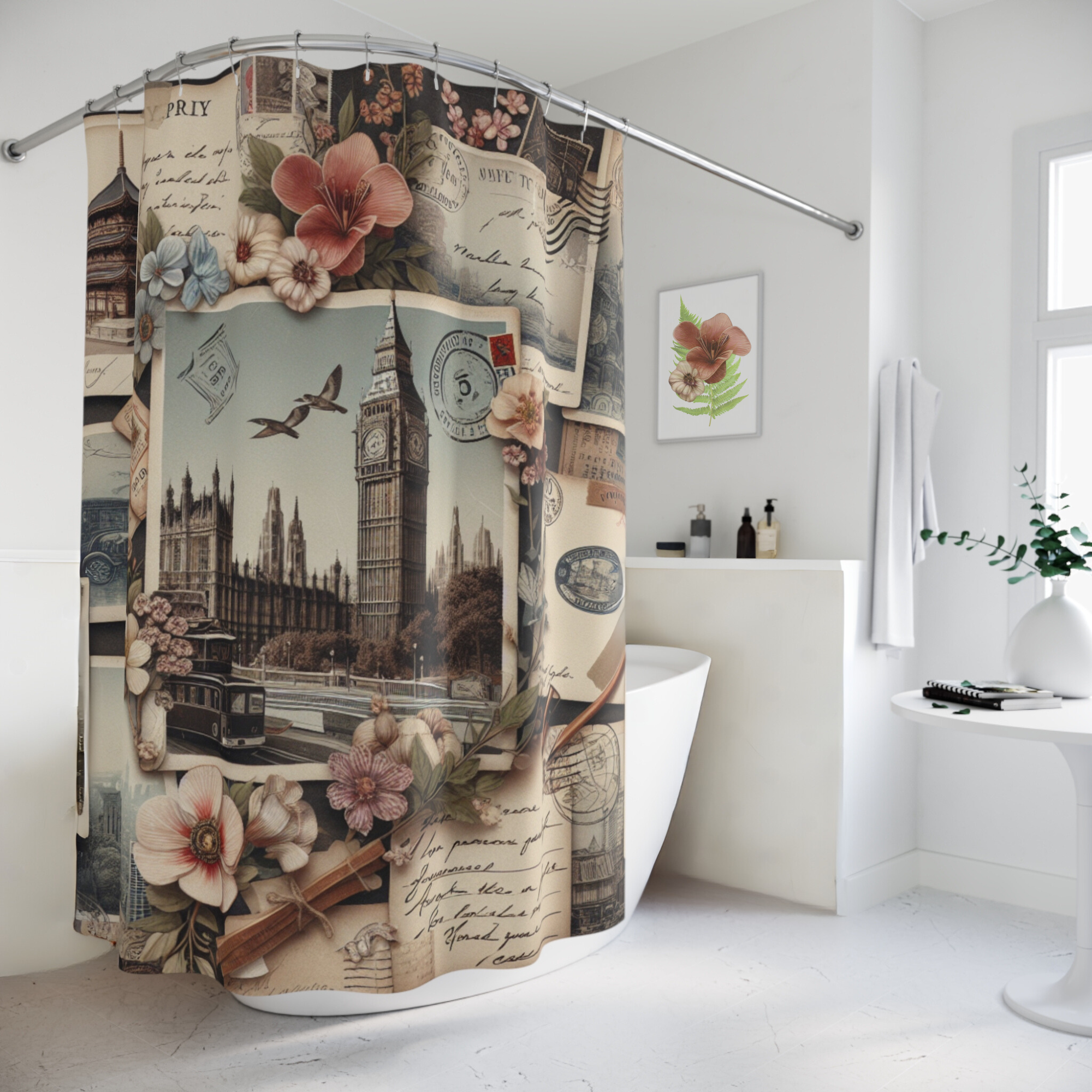 Vintage Travel Collage – Elegant Postcard Shower Curtain