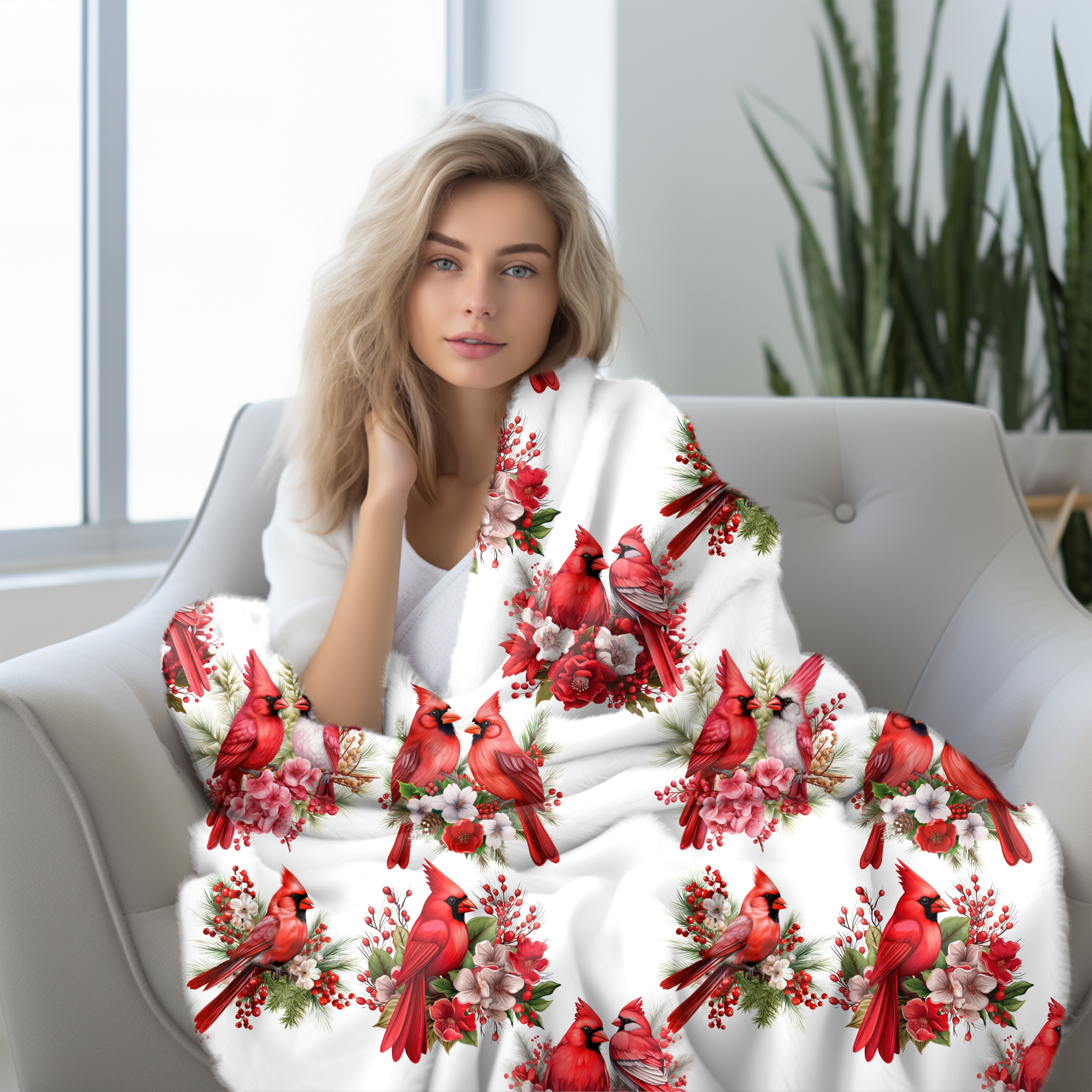 Winter Cardinals in Bloom – Cozy Velveteen Throw Blanket