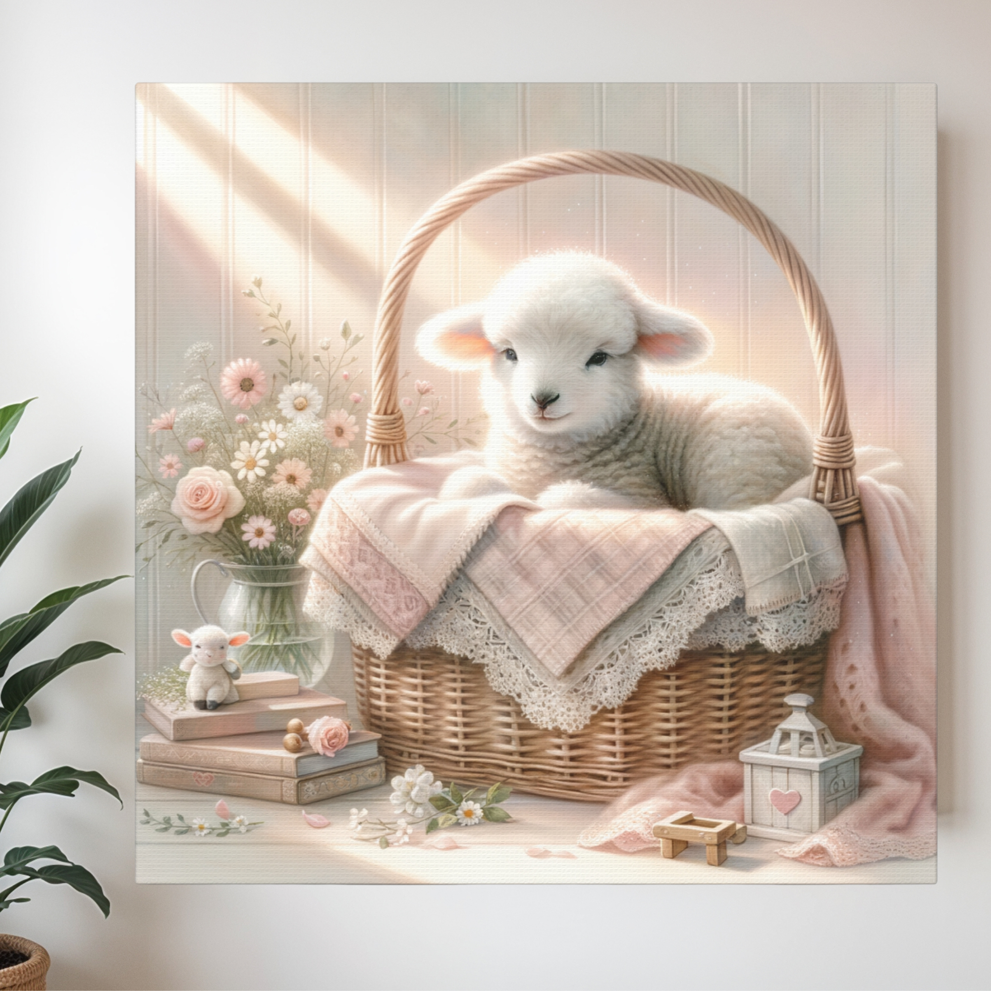 Sweet Baby Lamb in Pink Basket – Pink Nursery Wall Art