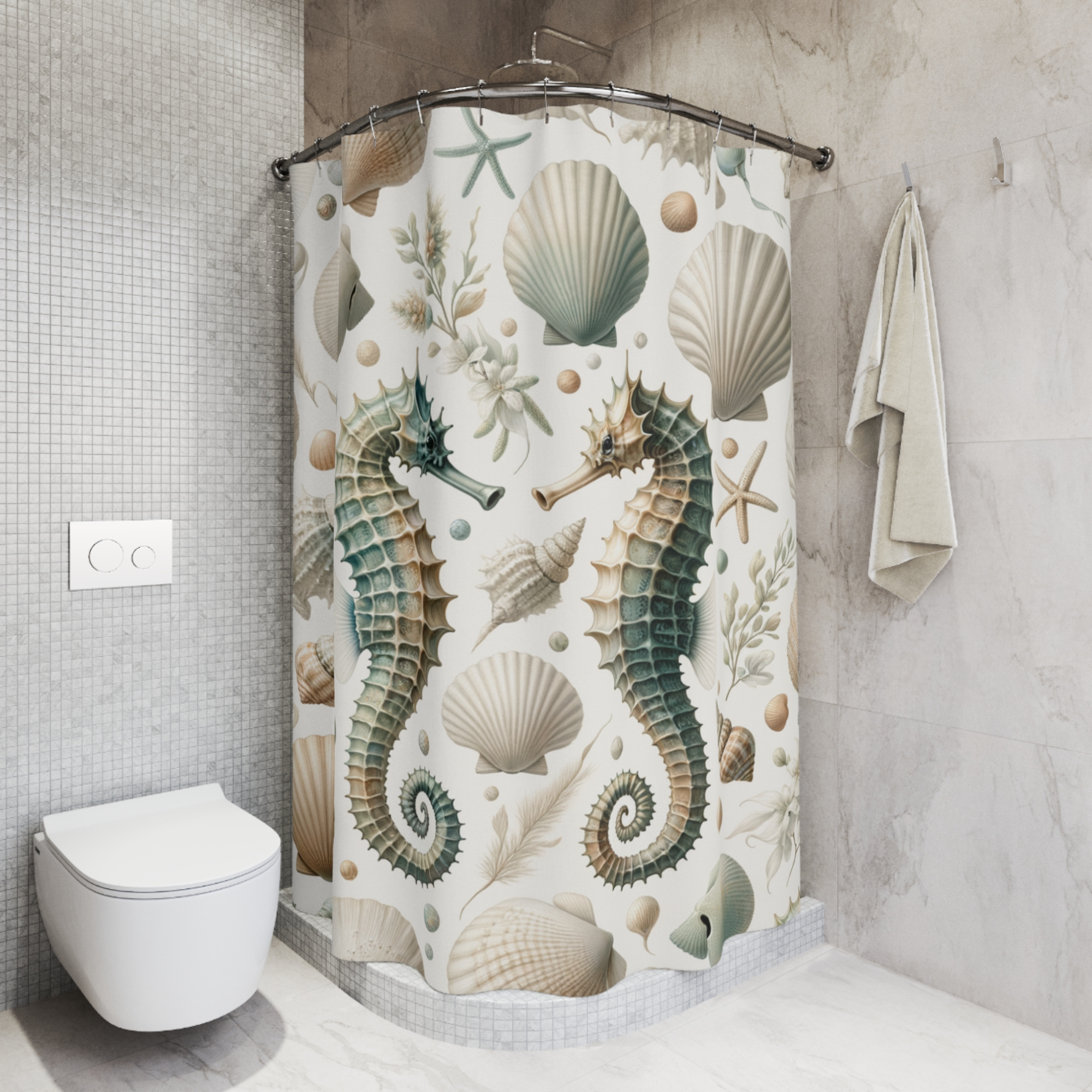 Seahorse Shower Curtain Coastal Shell Bathroom