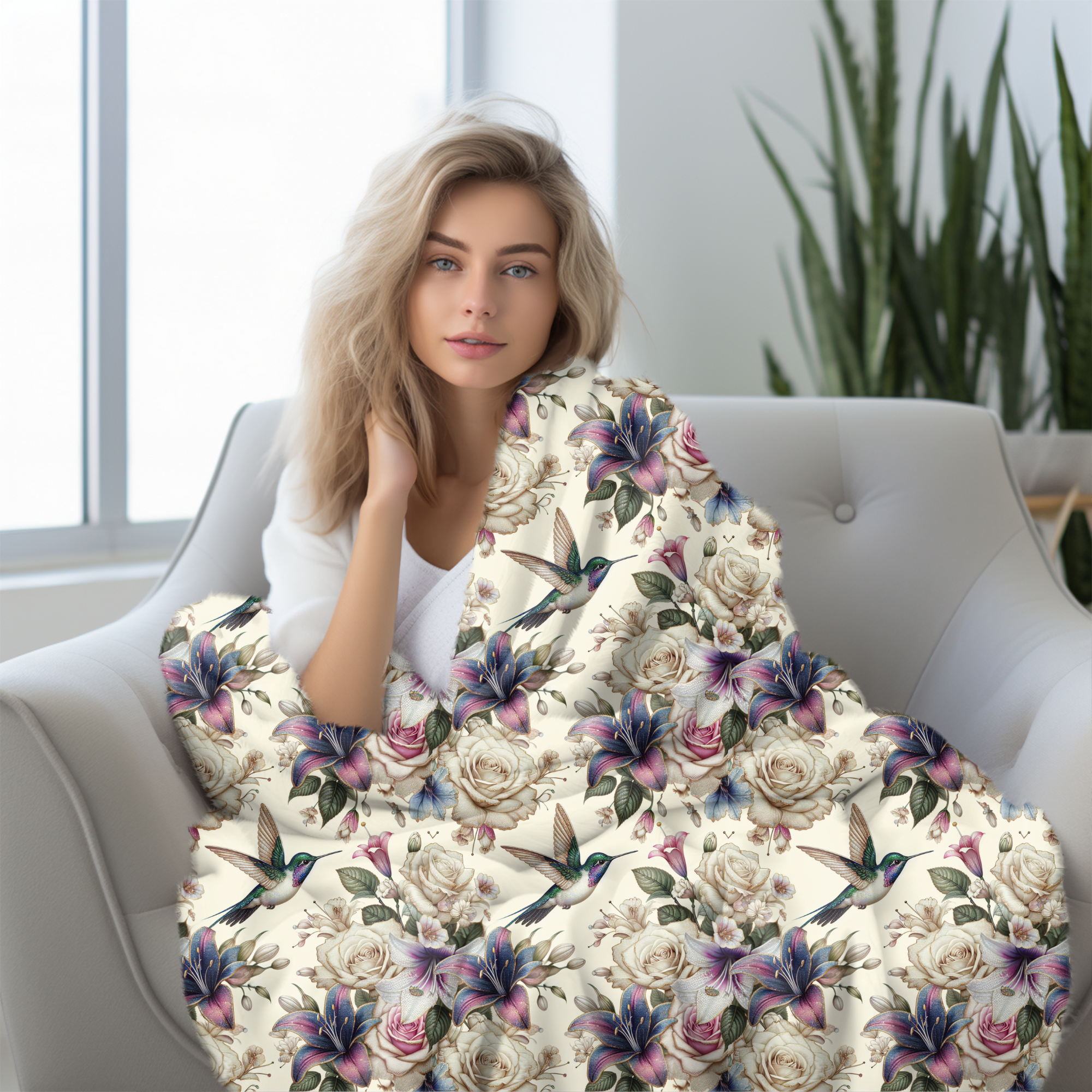 Hummingbirds and Ivory Roses – Floral Velveteen Blanket