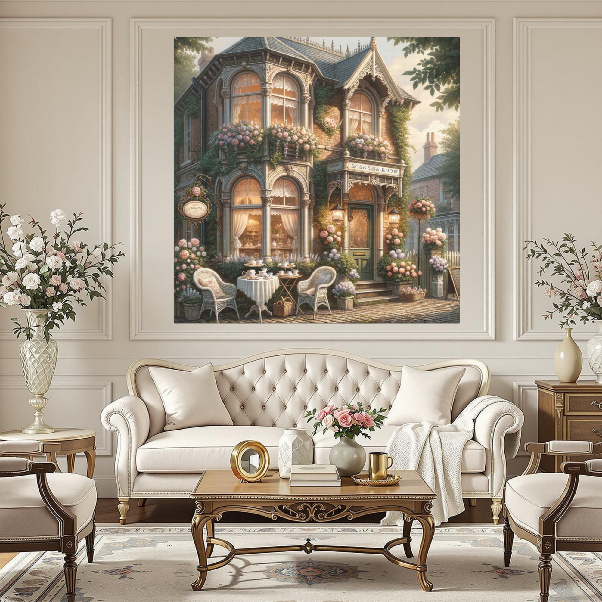 Victorian Tea Room With Roses and Lace – Elegant Vintage Wall Art
