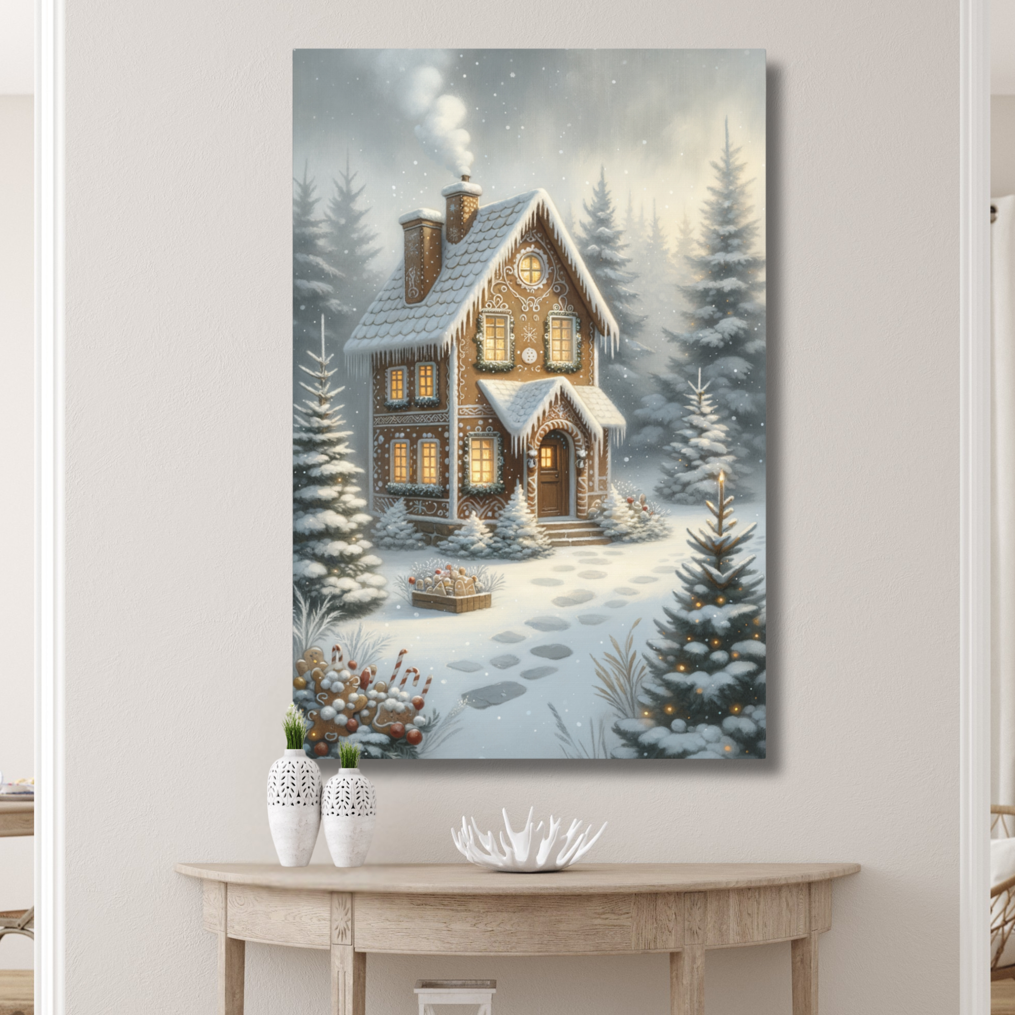 Gingerbread House Christmas Wall Art – Cozy Winter Holiday Canvas