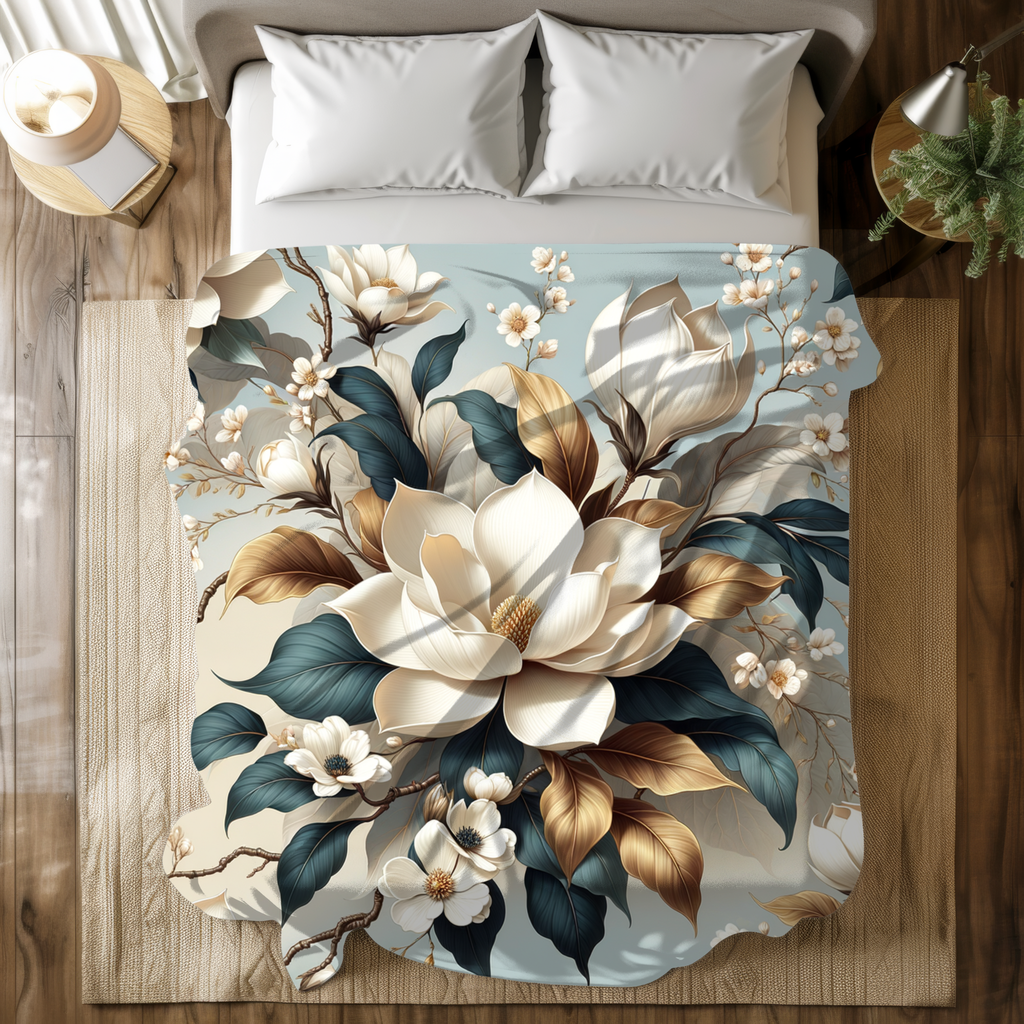 Ivory Magnolia Floral Duvet Cover – Elegant Blue and Gold Botanical Bedding