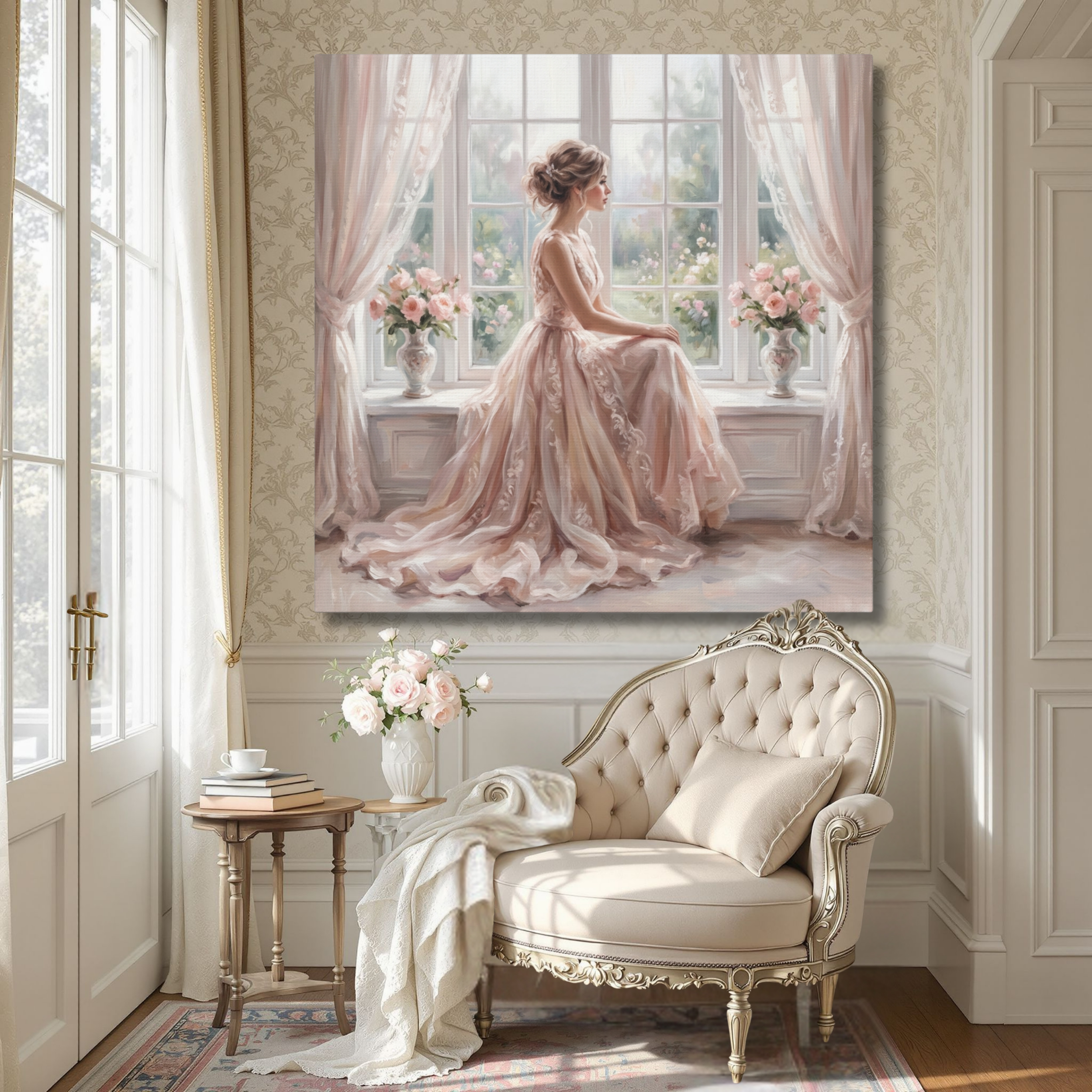 Romantic Woman in Pink Dress Window Scene Wall Art