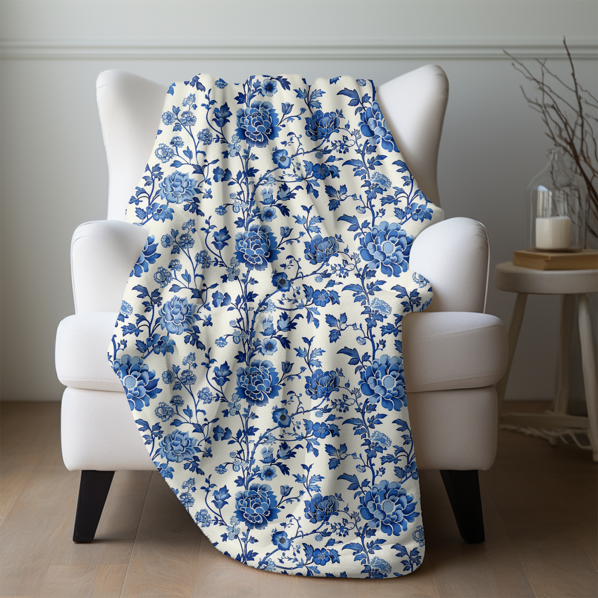Blue Garden Chinoiserie – Velveteen Floral Throw Blanket