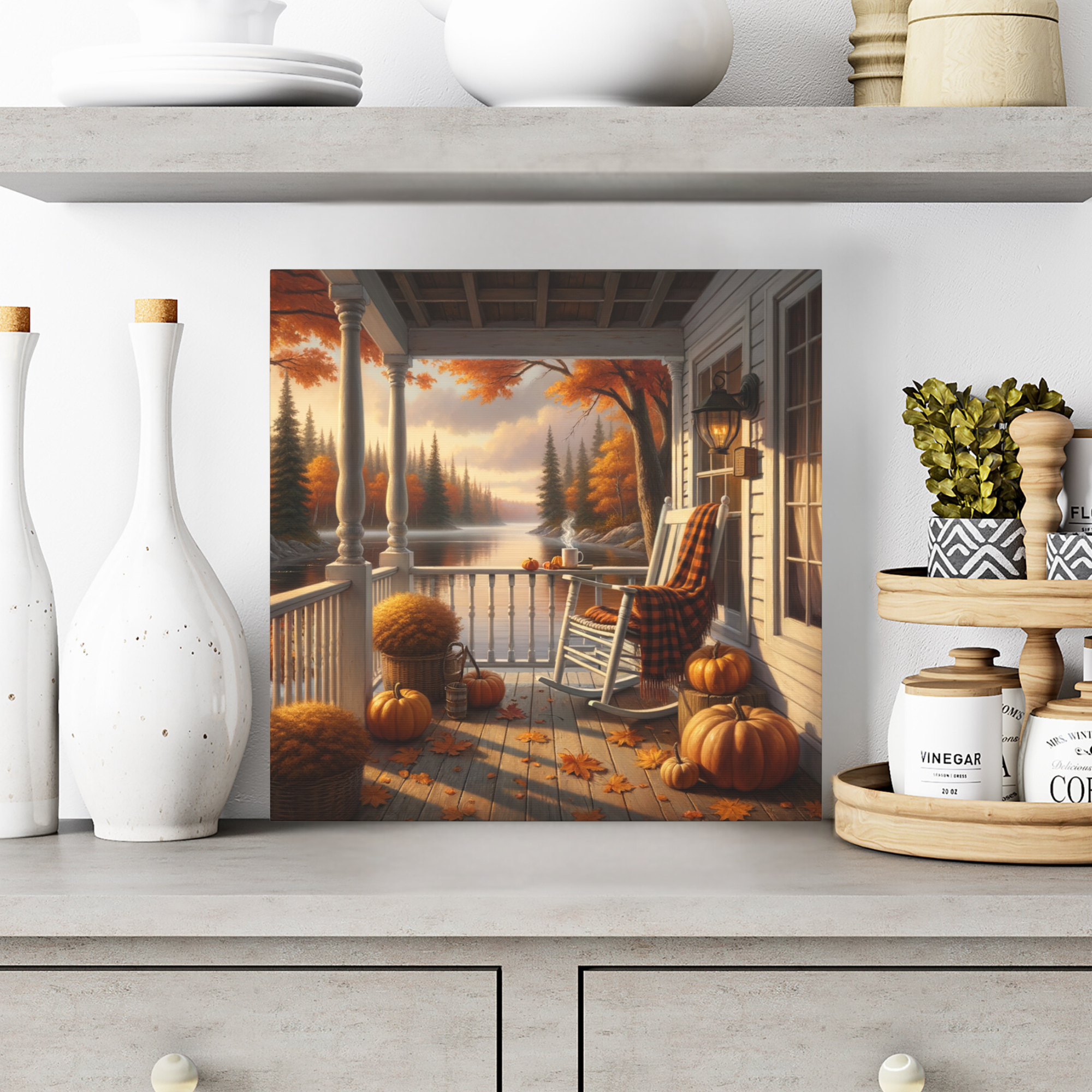 Autumn Porch View With Pumpkins and Lake – Cozy Fall Wall Art