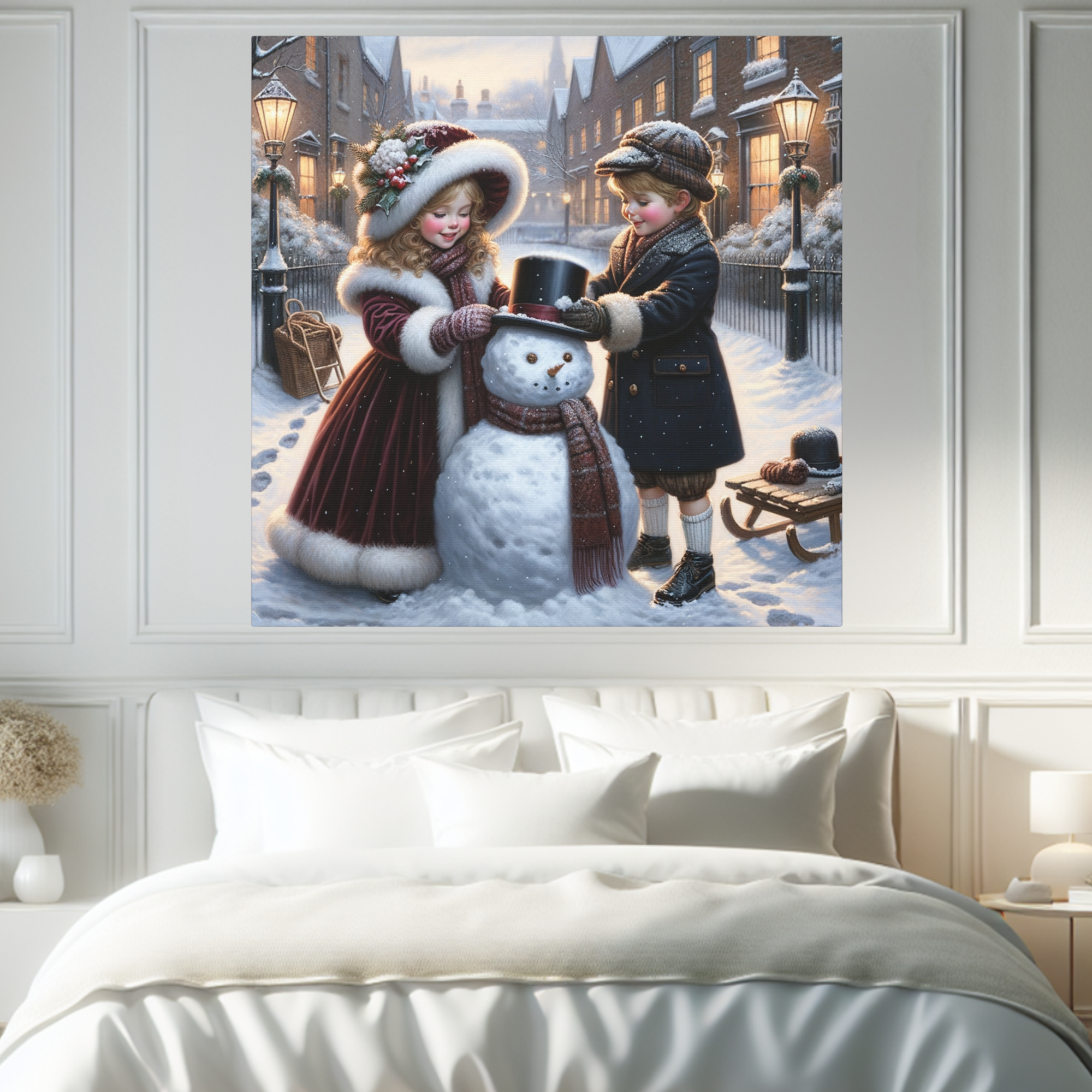 Victorian Children Building a Snowman – Vintage Winter Wall Art