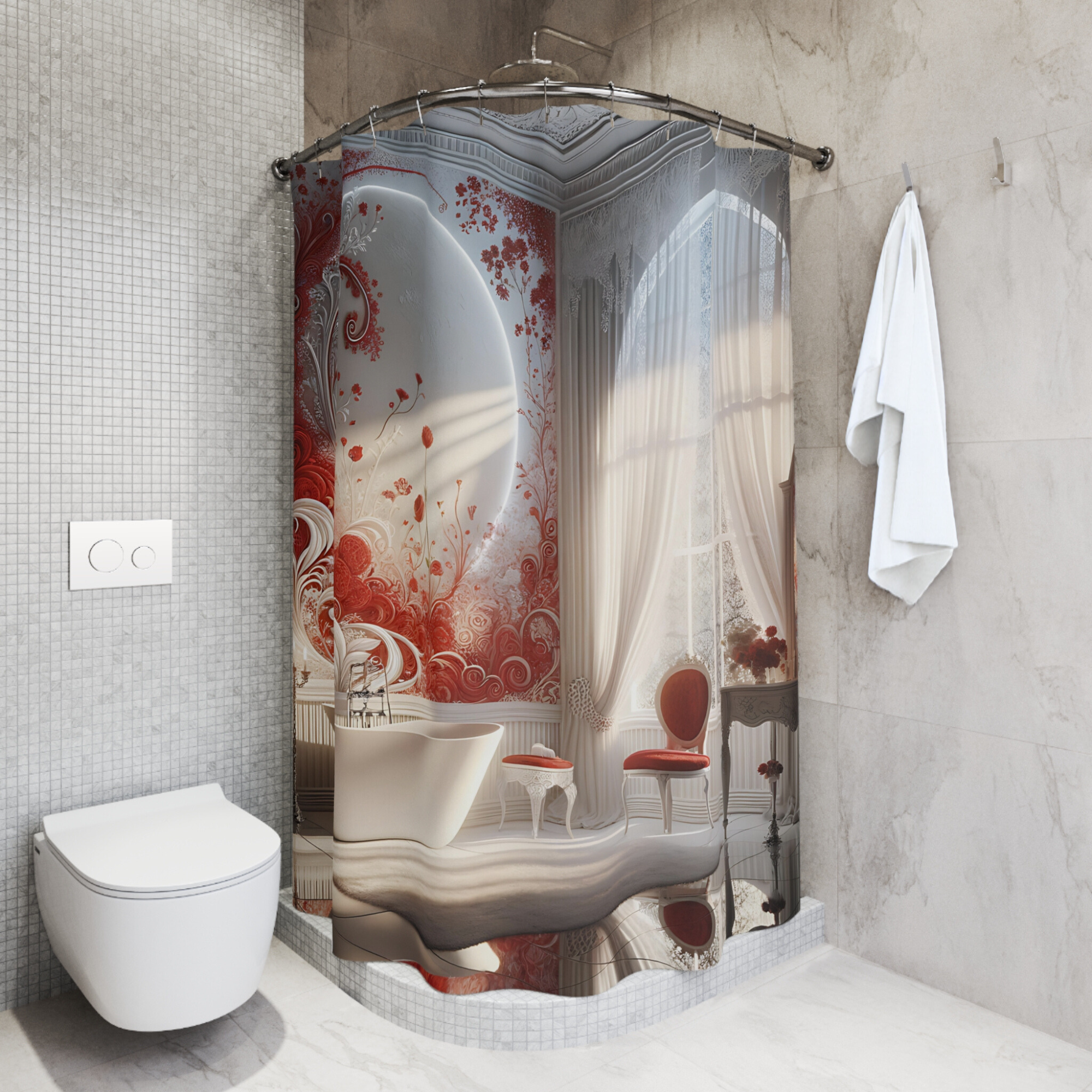 Red Floral Scrollwork Bathroom – Elegant Red and White Shower Curtain