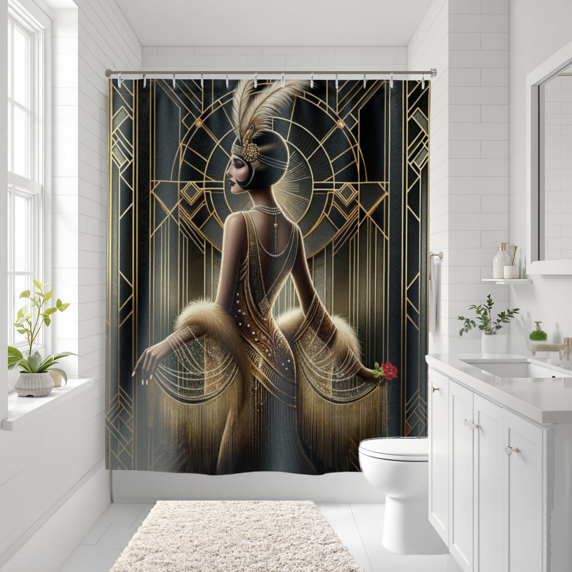 Gatsby Glamour in Gold – Art Deco Flapper Shower Curtain