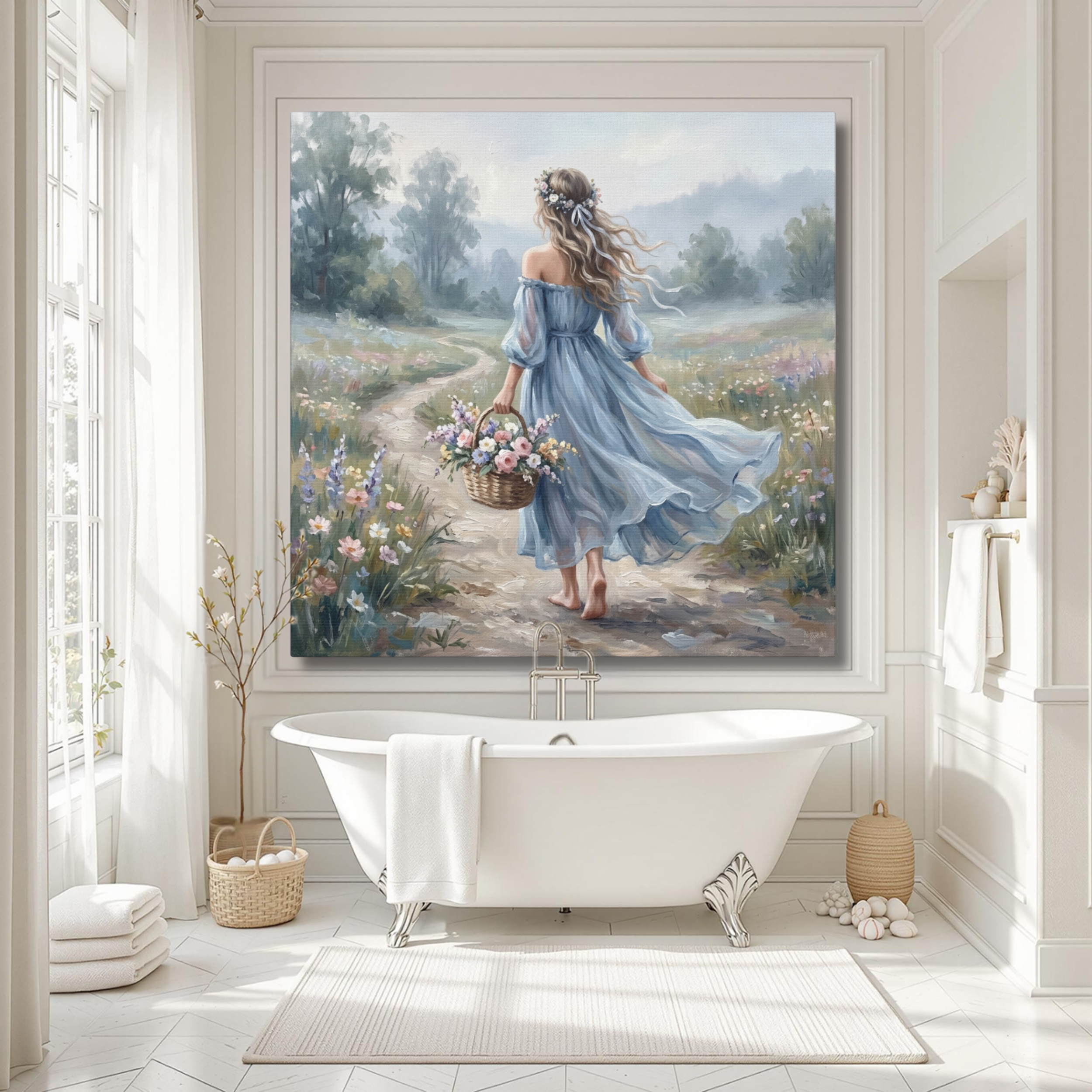 Cottagecore Meadow Walk With Flowing Blue Dress