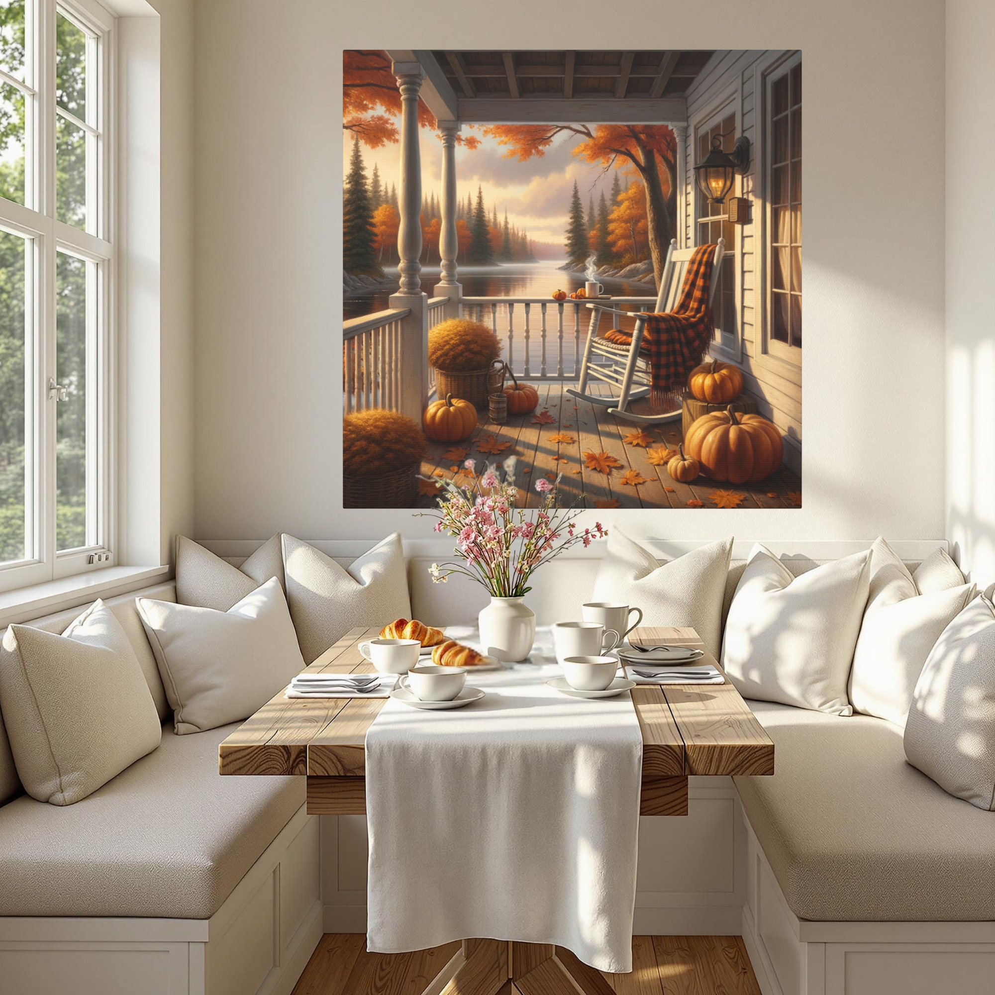 Autumn Porch View With Pumpkins and Lake – Cozy Fall Wall Art