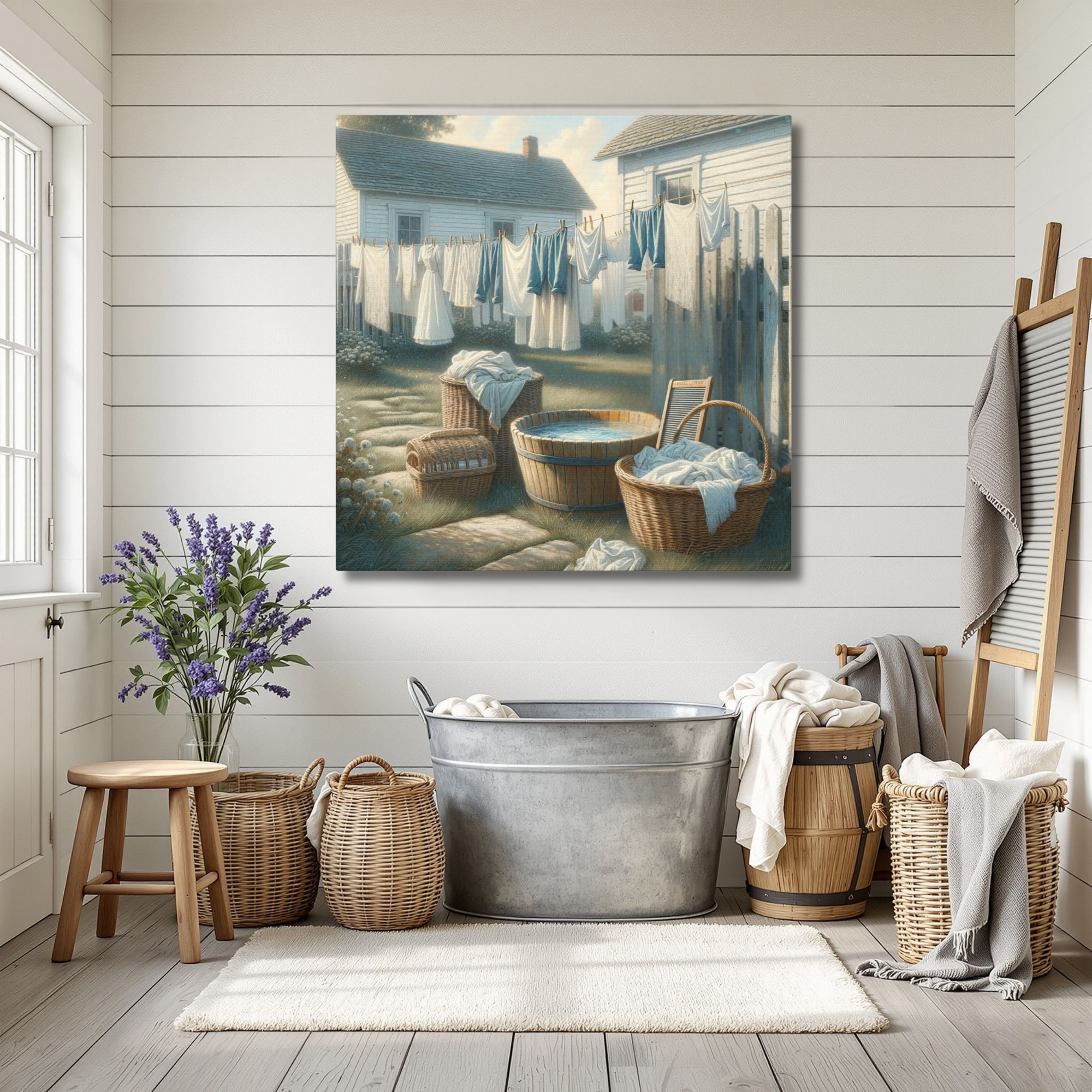 Vintage Laundry Day Wall Art – Rustic Country Cottage Scene