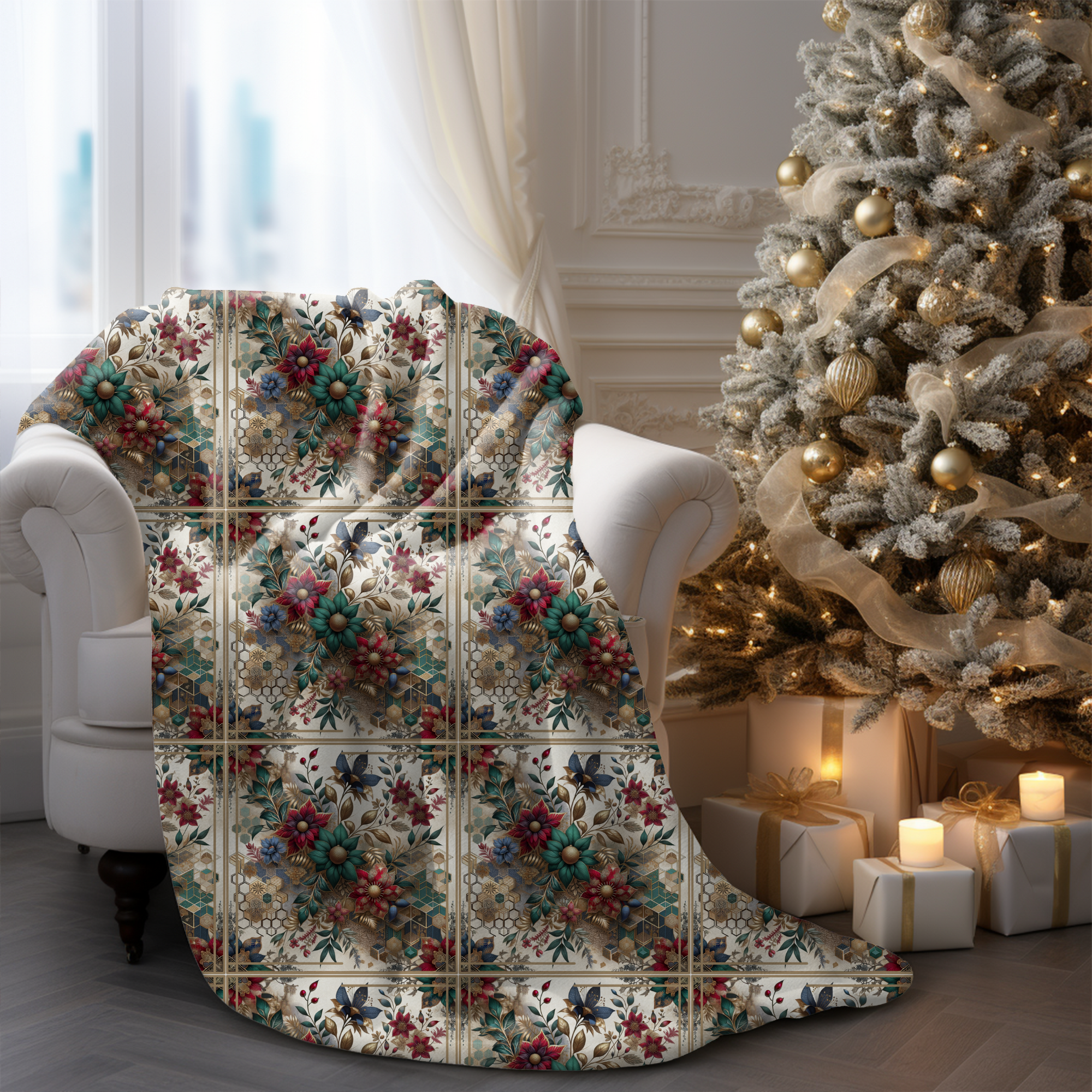Vintage Botanical Tiles – Elegant Velveteen Blanket