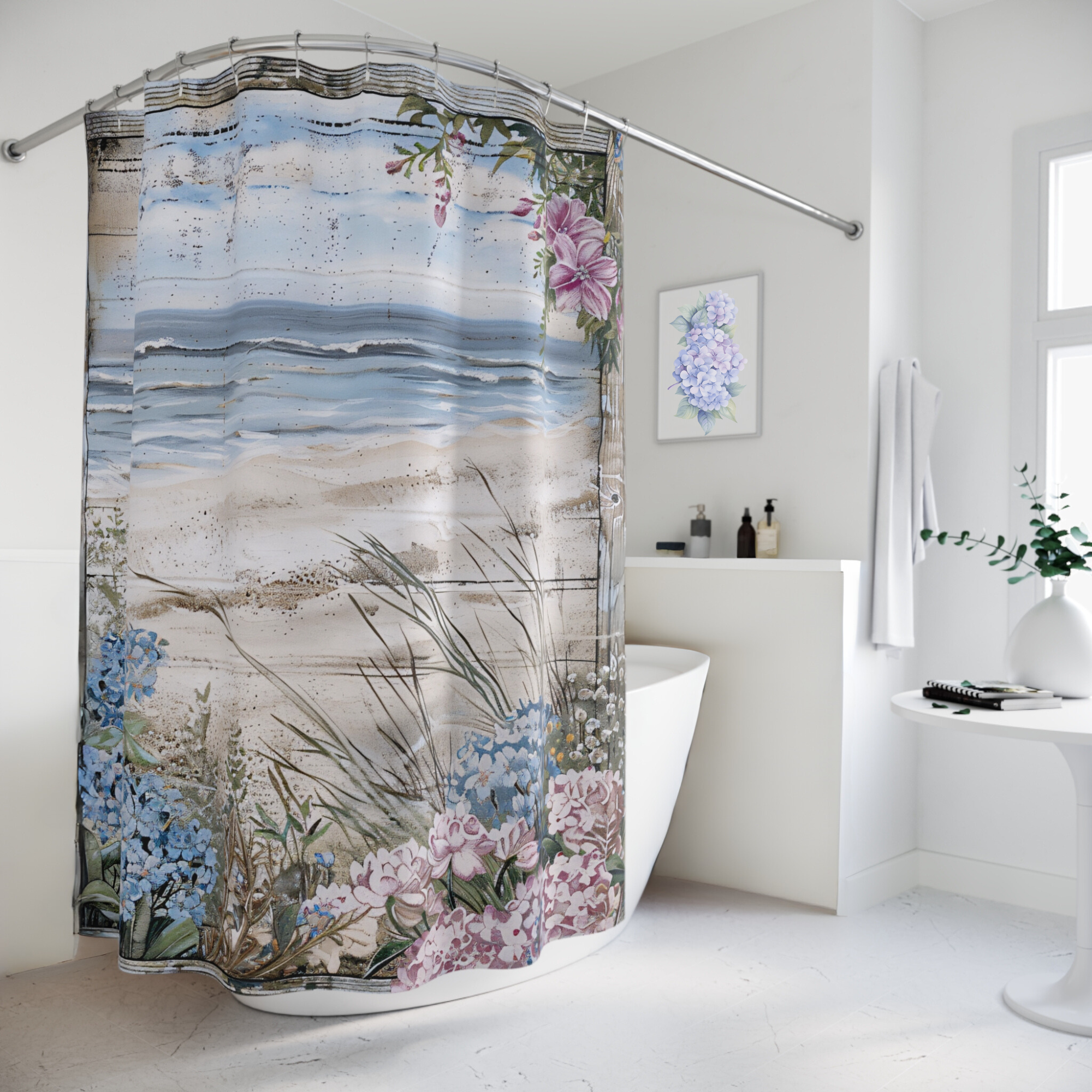 Coastal Garden View – Elegant Beach Cottage Shower Curtain