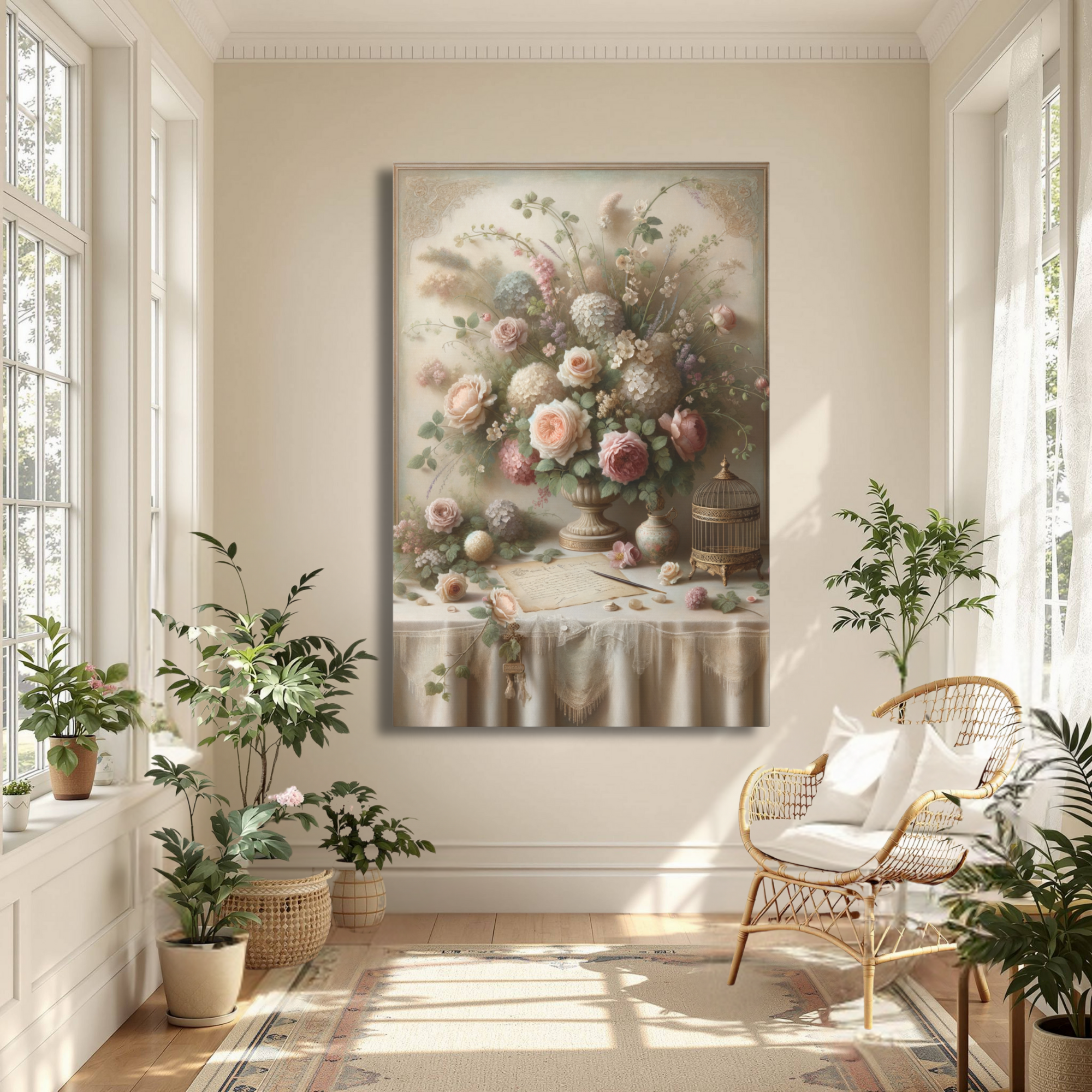 Vintage Floral Table Scene Wall Art – Romantic Victorian Flower Arrangement Print