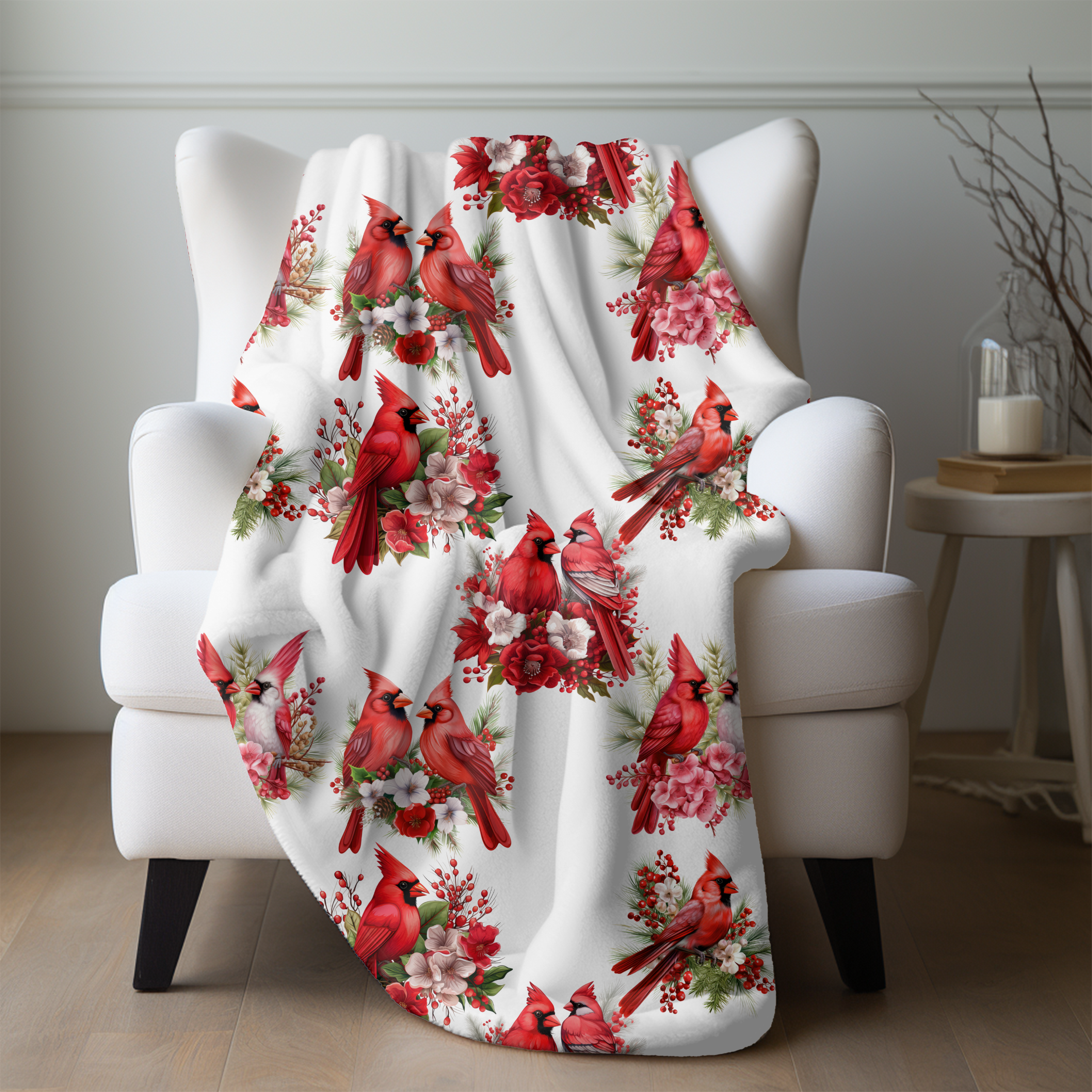 Winter Cardinals in Bloom – Cozy Velveteen Throw Blanket
