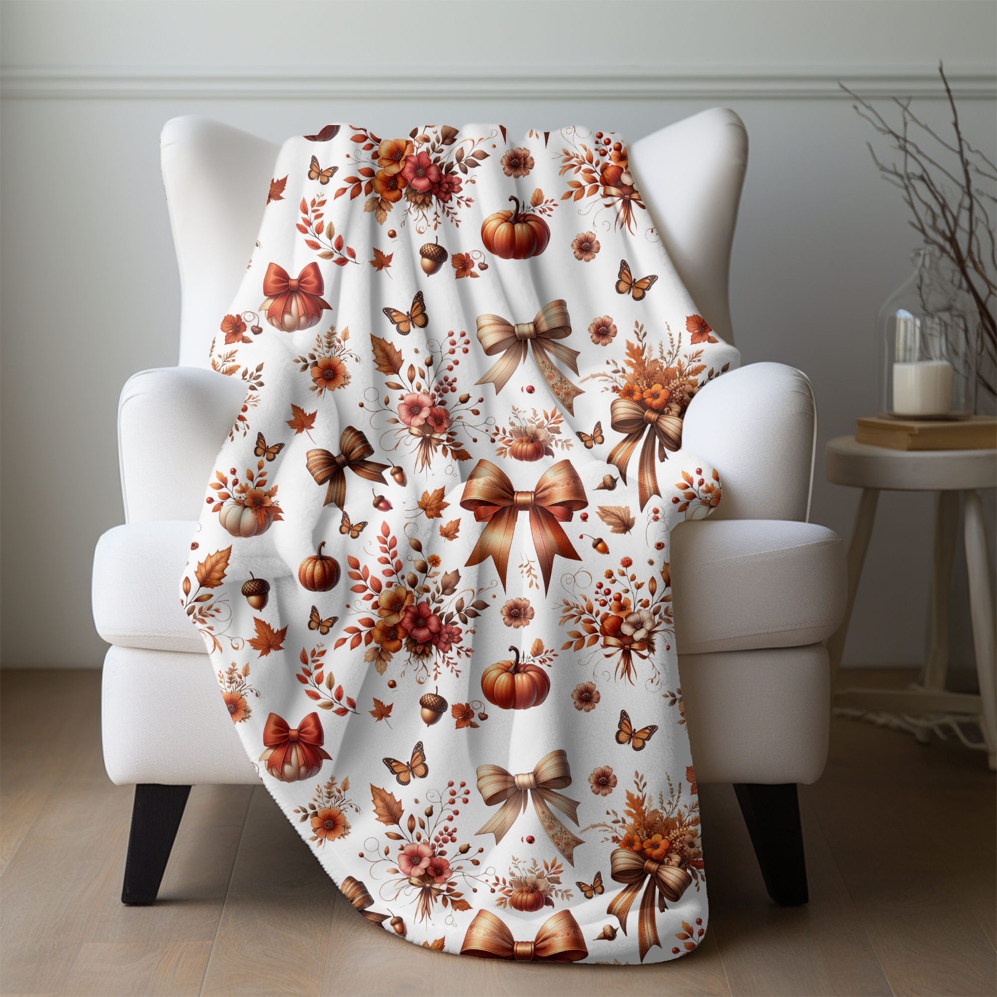 Autumn Ribbon and Pumpkin Garden – Fall Velveteen Blanket