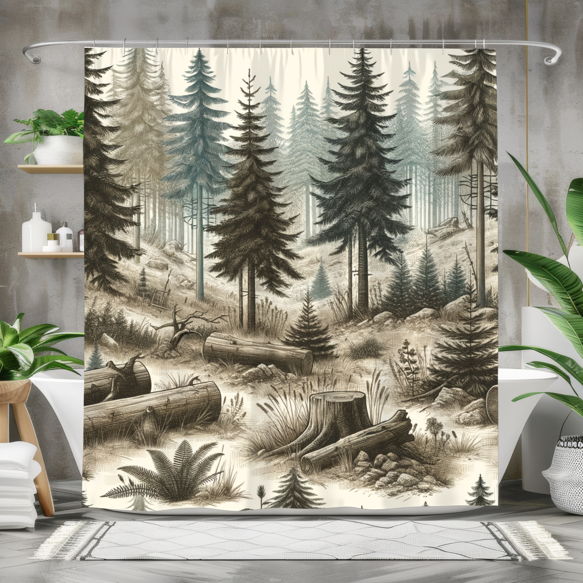 Hand-Drawn Forest Scene – Woodland Lodge Shower Curtain