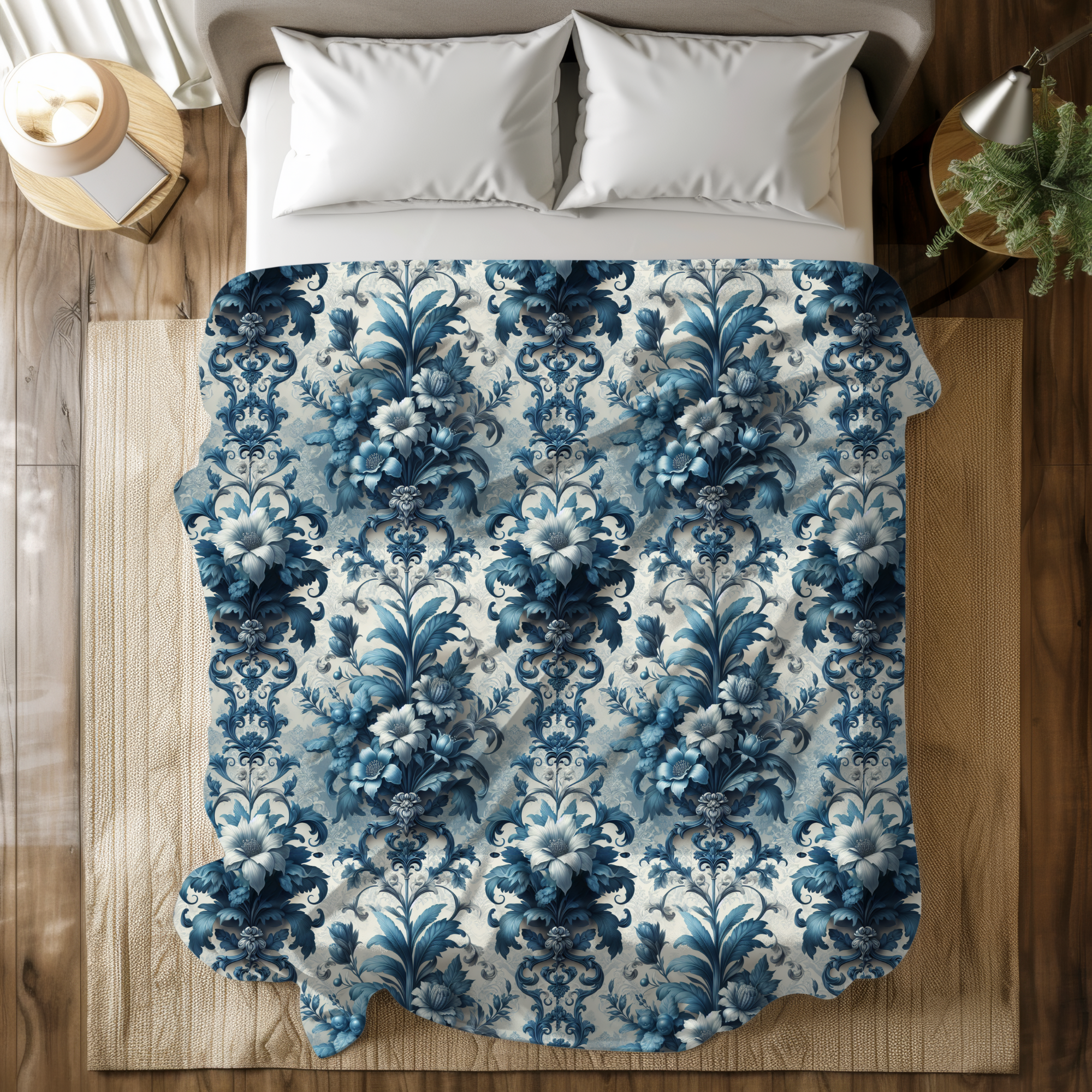 Blue Baroque Floral Duvet – Elegant French Bedroom Decor