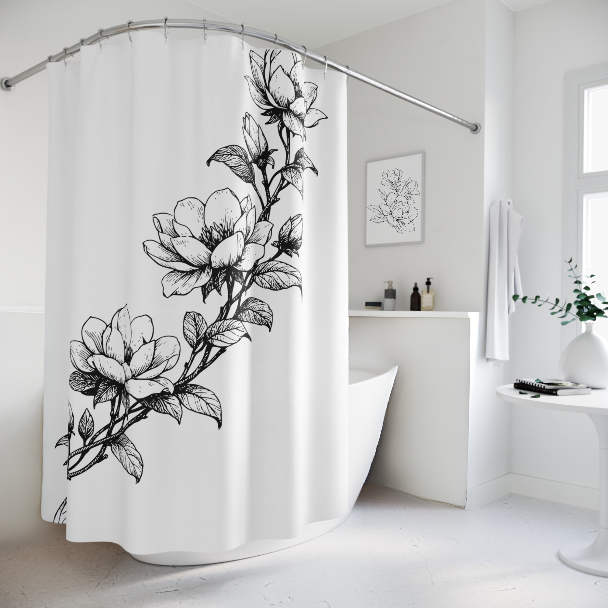 Black White Floral Shower Curtain Minimal Botanical