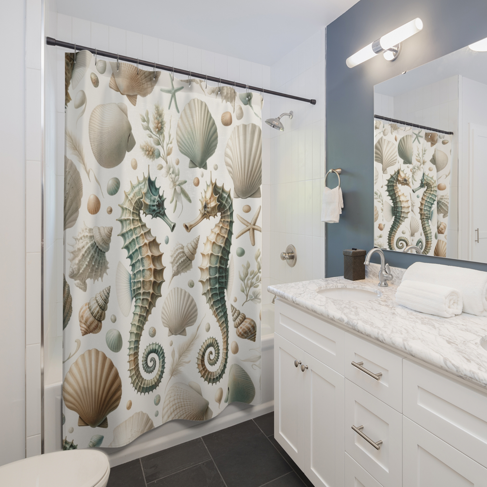 Seahorse Shower Curtain Coastal Shell Bathroom
