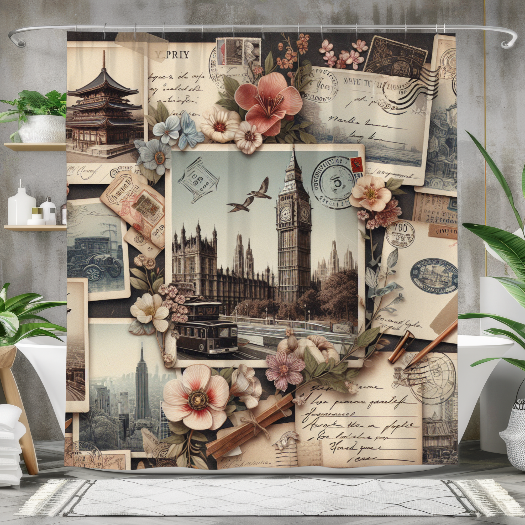 Vintage Travel Collage – Elegant Postcard Shower Curtain