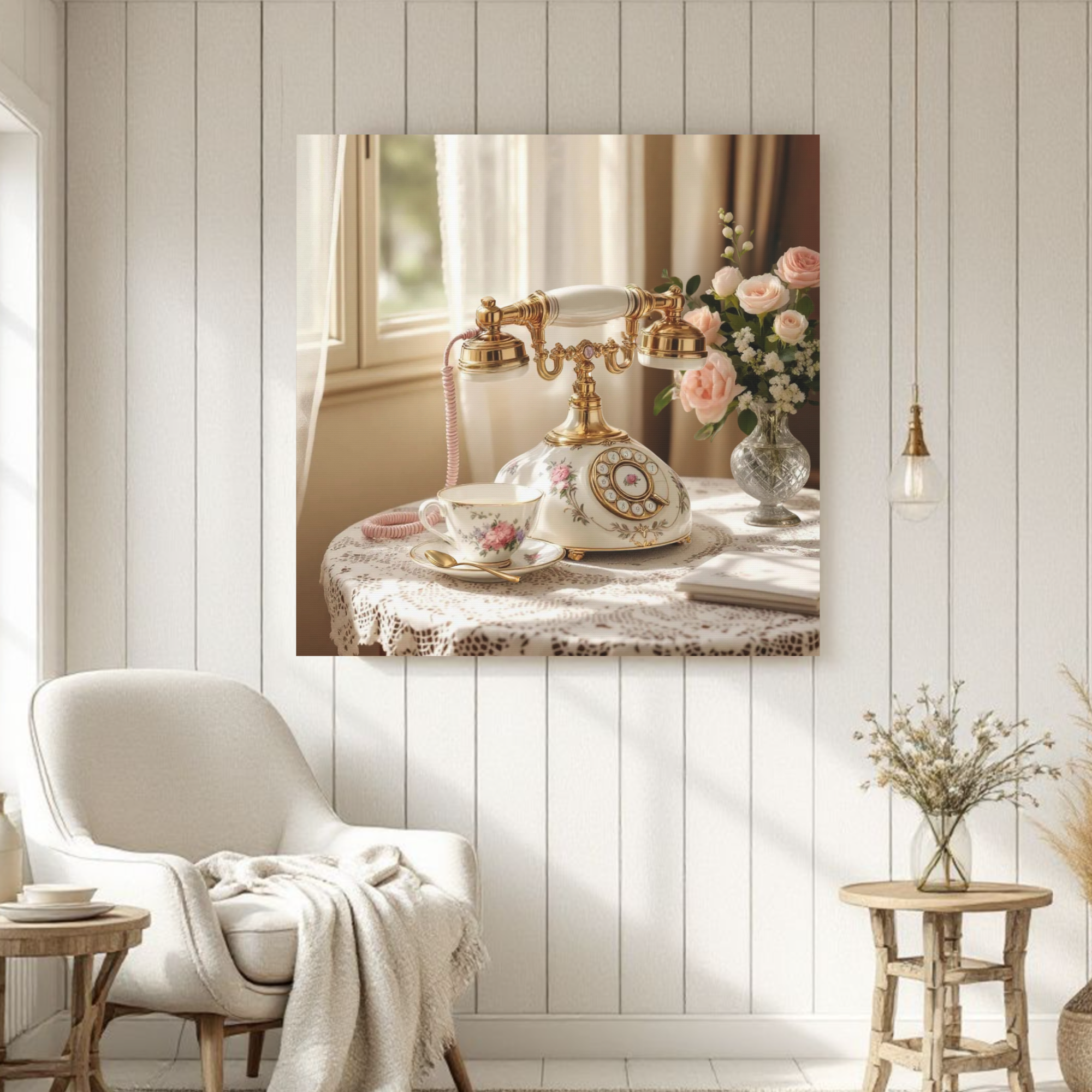 Elegant Porcelain Telephone With Roses – Vintage Floral Wall Art
